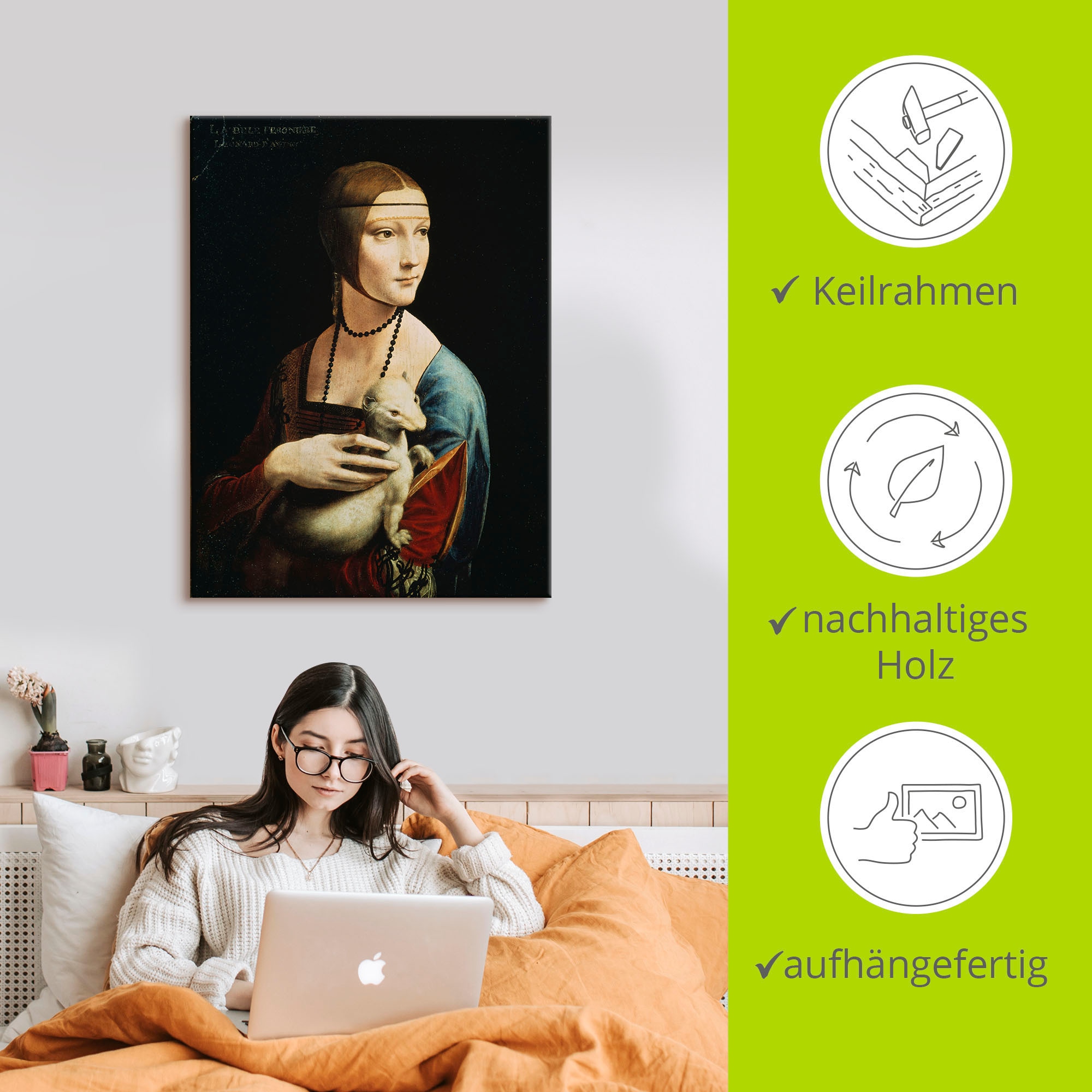 Artland Wandbild »Dame mit dem Hermelin Porträt«, Frau, (1 St.), als Leinwandbild, Poster, Wandaufkleber in verschied. Größen