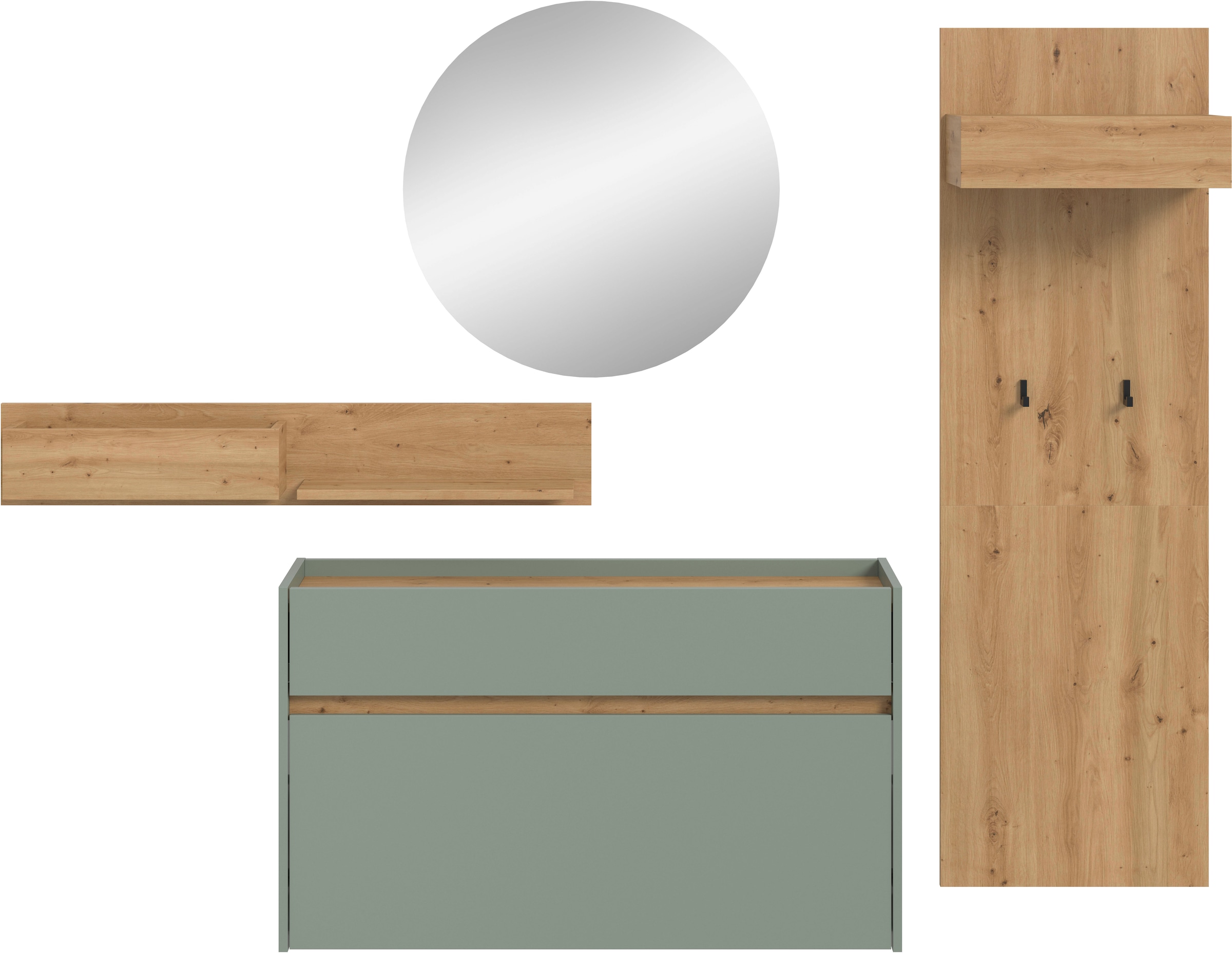 Home affaire Garderoben-Set »EVRID, 4-teilig, Breite 205 cm, individuell hängbar & erweiterbar« best. aus: Wandboard, Kommode, Spiegel, Garderobenpaneel, 4 Stk. tlg.