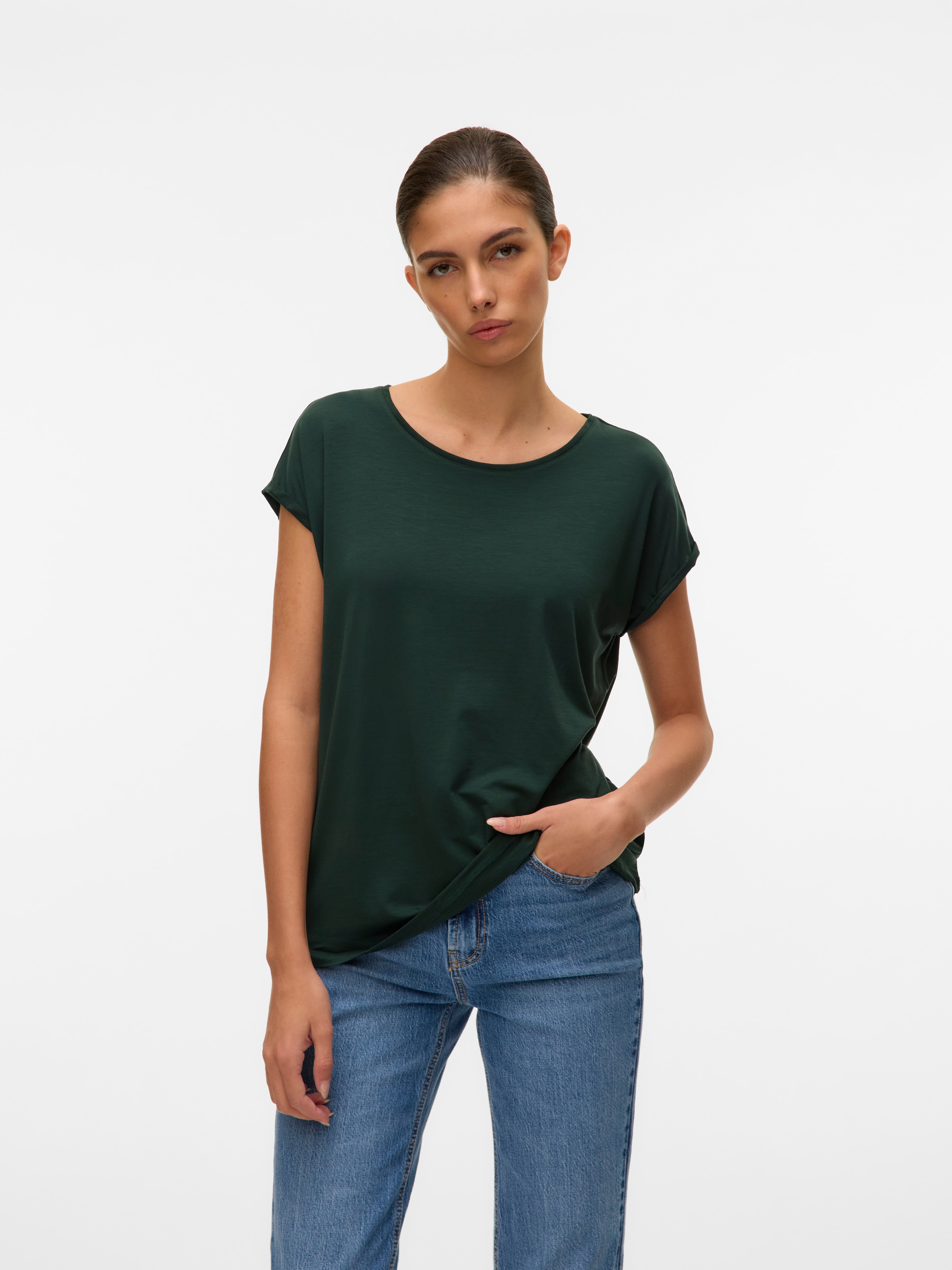 Vero Moda Rundhalsshirt »VMAVA PLAIN SS TOP GAJRS NOOS« Materialmix, regular fit