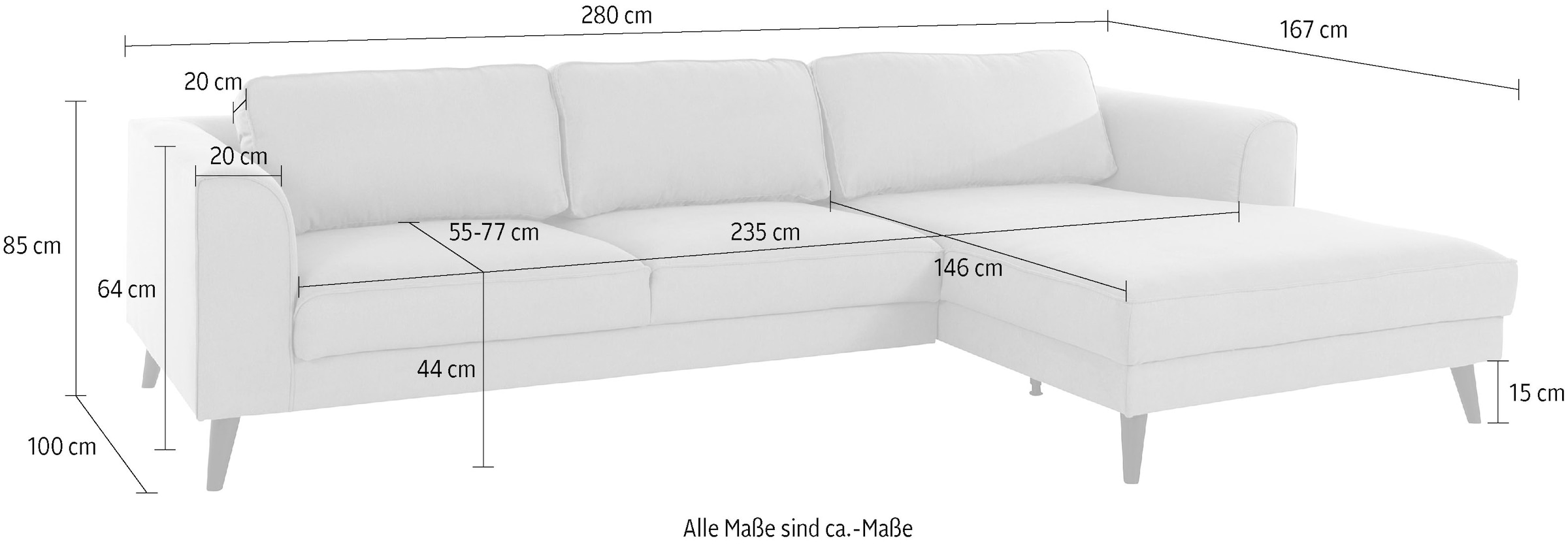 INOSIGN Ecksofa »Lumber Jack, elegant und bequem, Breite 280, hoher Fuß, L-Form«, in moderner Optik