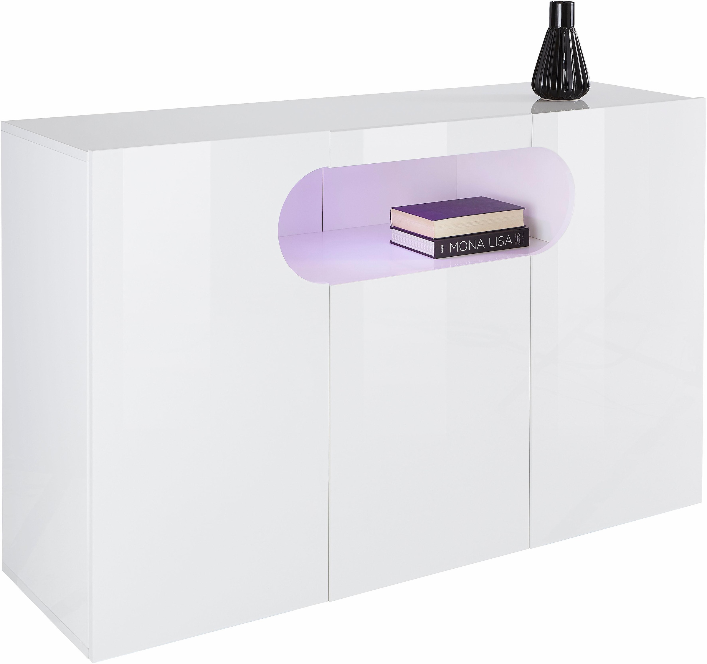 INOSIGN Sideboard »Real,Vitrine,Kommode,Schrank,Breite 130 cm komplett hochglanz lackiert«, mit 3 Türen davon 2 abgerundet, die ein ovales offenes Fach bilden