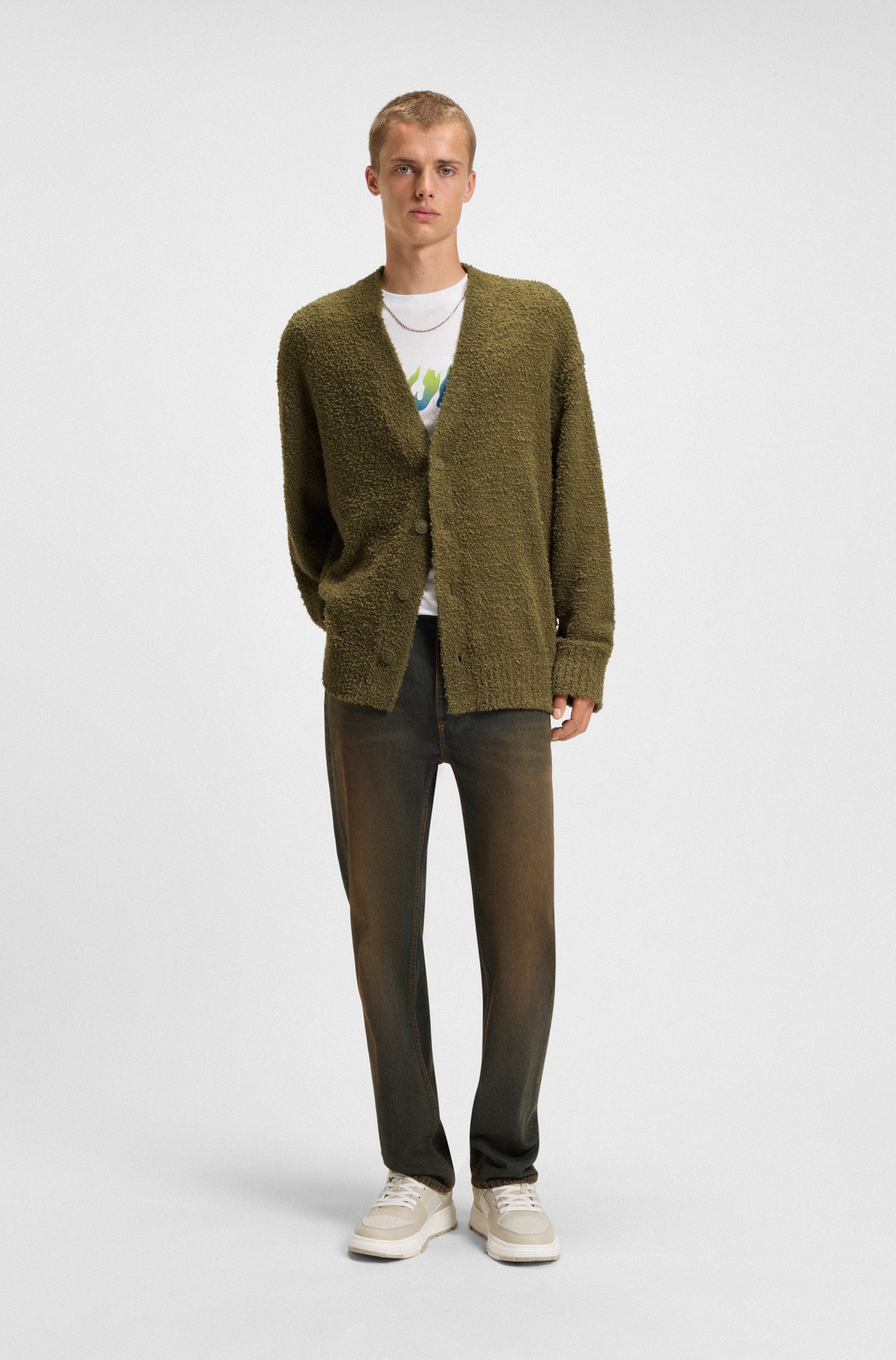 HUGO Blue Strickjacke »Sonou«, V-Ausschnitt, Oversized fit, Bouclé-Strick