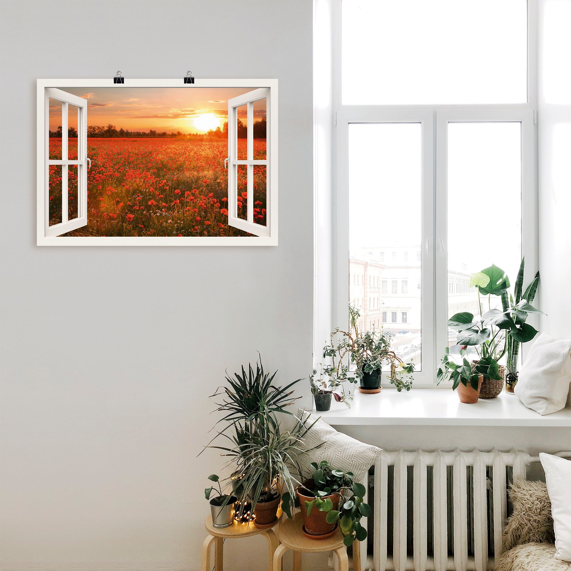Artland Wandbild »Fensterblick Mohnblumenfeld« Blumen 1 Stk. tlg. als Leinwandbild, Poster in verschied. Größen