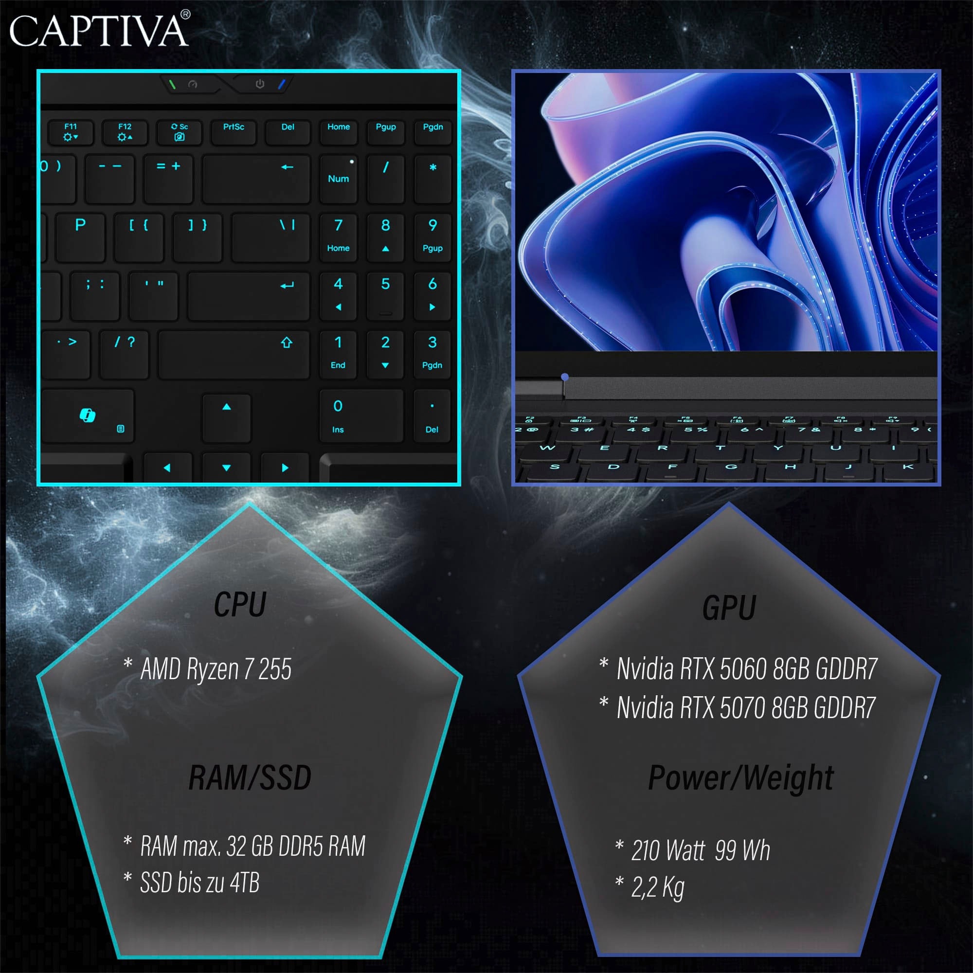 CAPTIVA Gaming-Notebook »Highend Gaming R10-1036GE« 38,9 cm / 15,3 ″ AMD Ryzen 7 GeForce RTX 5070 2.000 GB SSD