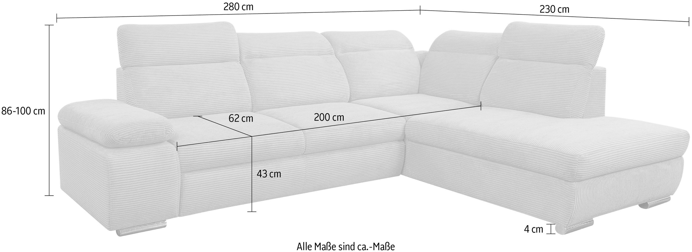 WERK2 Ecksofa »Alicante Kopfteilverstellung, Bett & Bettkasten, Cord, L-Form, bequem« Cord, L-Form, XXL, Schlaffunktion, Bettkasten