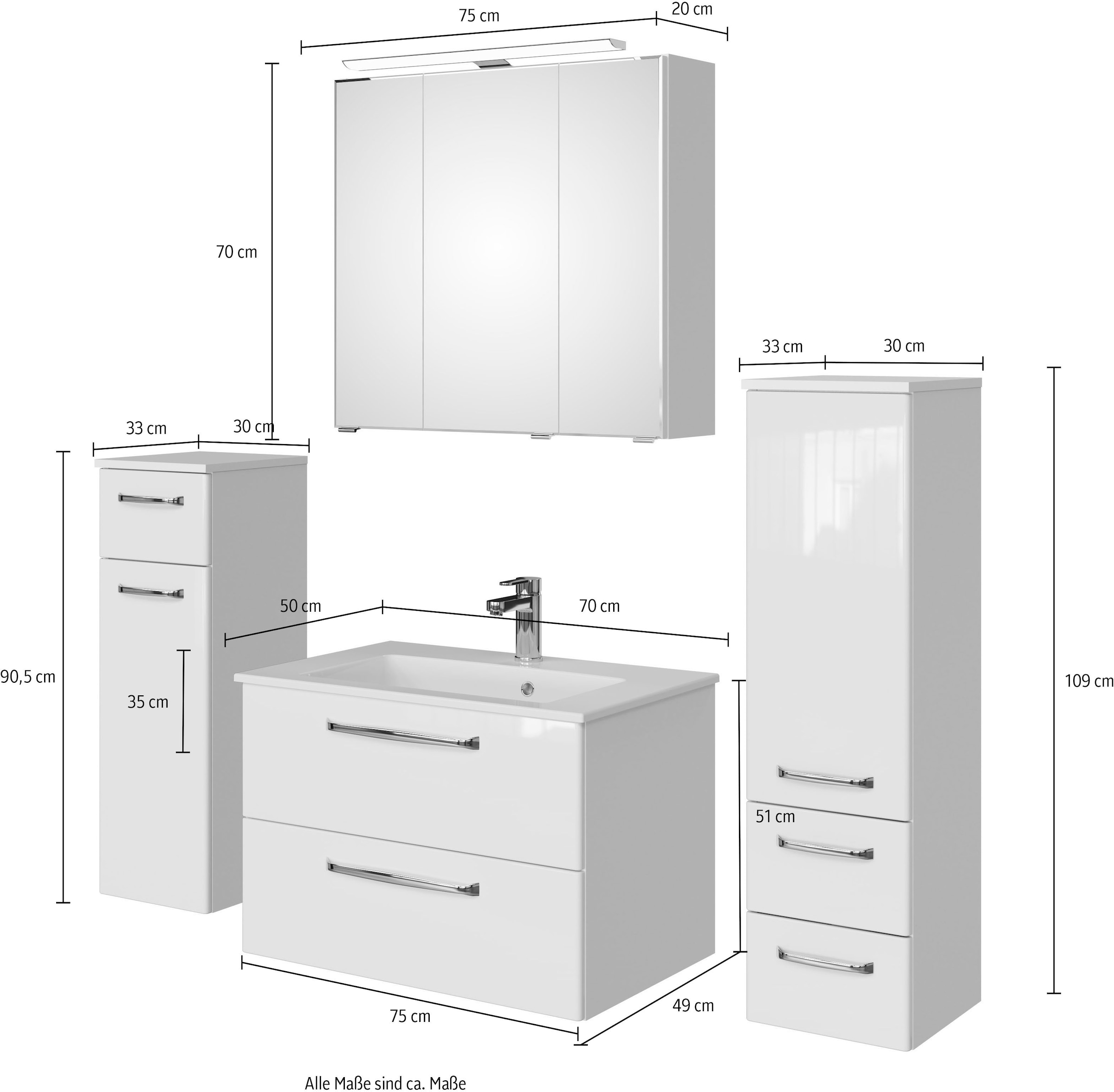 Saphir Badmöbel-Set »Badmöbel-Set Trentino 4-tlg Mineralmarmorwaschtisch,LED-Spiegelschrank«, (5 St.), Badezimmer-Set mit Midischrank und Unterschrank inkl. Türdämpfer