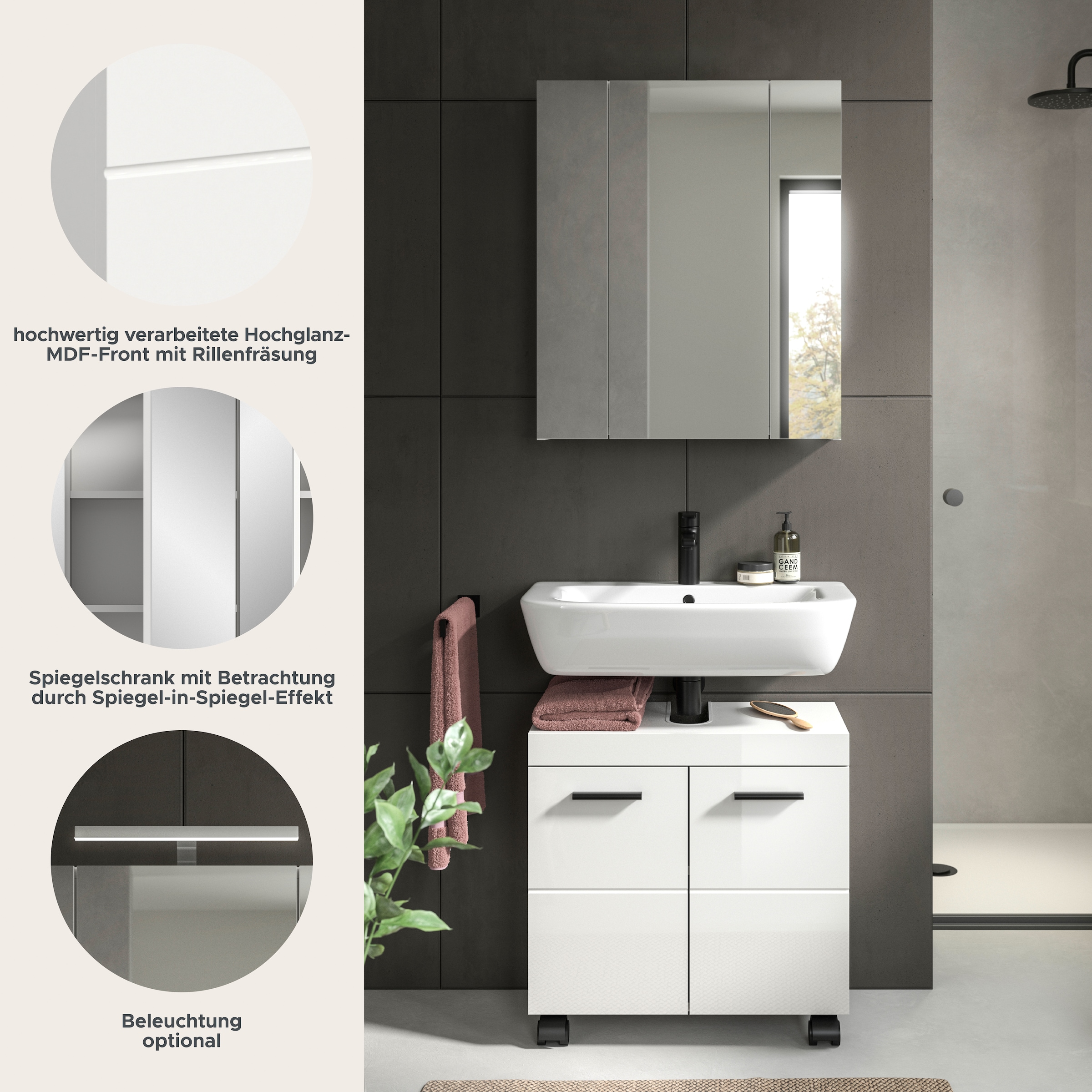 welltime Badmöbel-Set »AVON, Breite 60 cm, 2-teilige moderne Badkombination, auf Rollen« bestehend aus: Waschbeckenunterschrank & Spiegelschrank, 2 Stk. tlg.