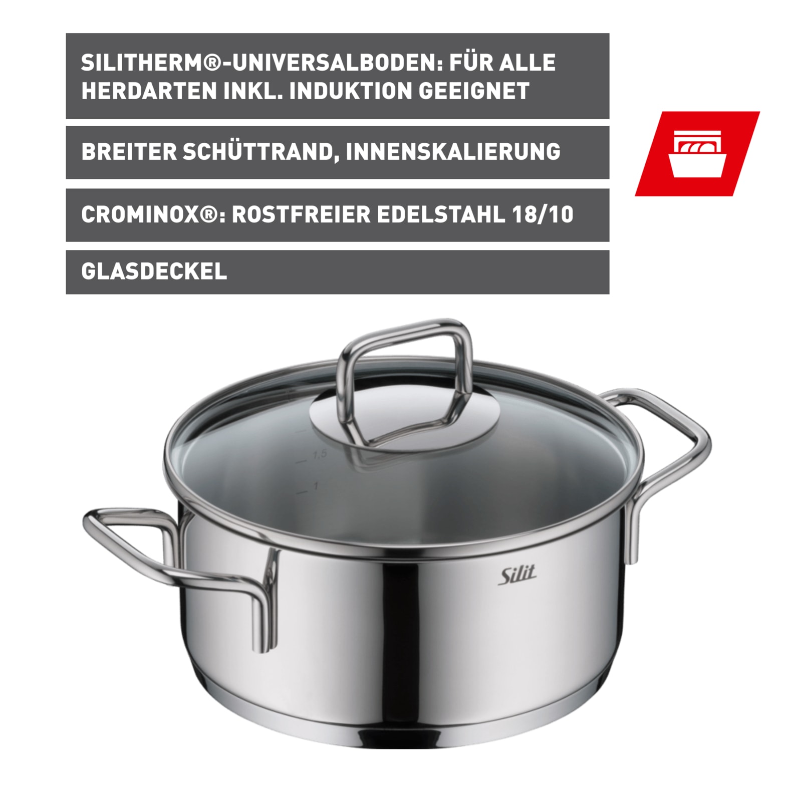 Silit Bratentopf »Extra Cook, mit Glasdeckel«, Edelstahl 18/10, (2 tlg.), SiliTherm Universalboden, induktionsgeeignet, spülmaschinengeeignet