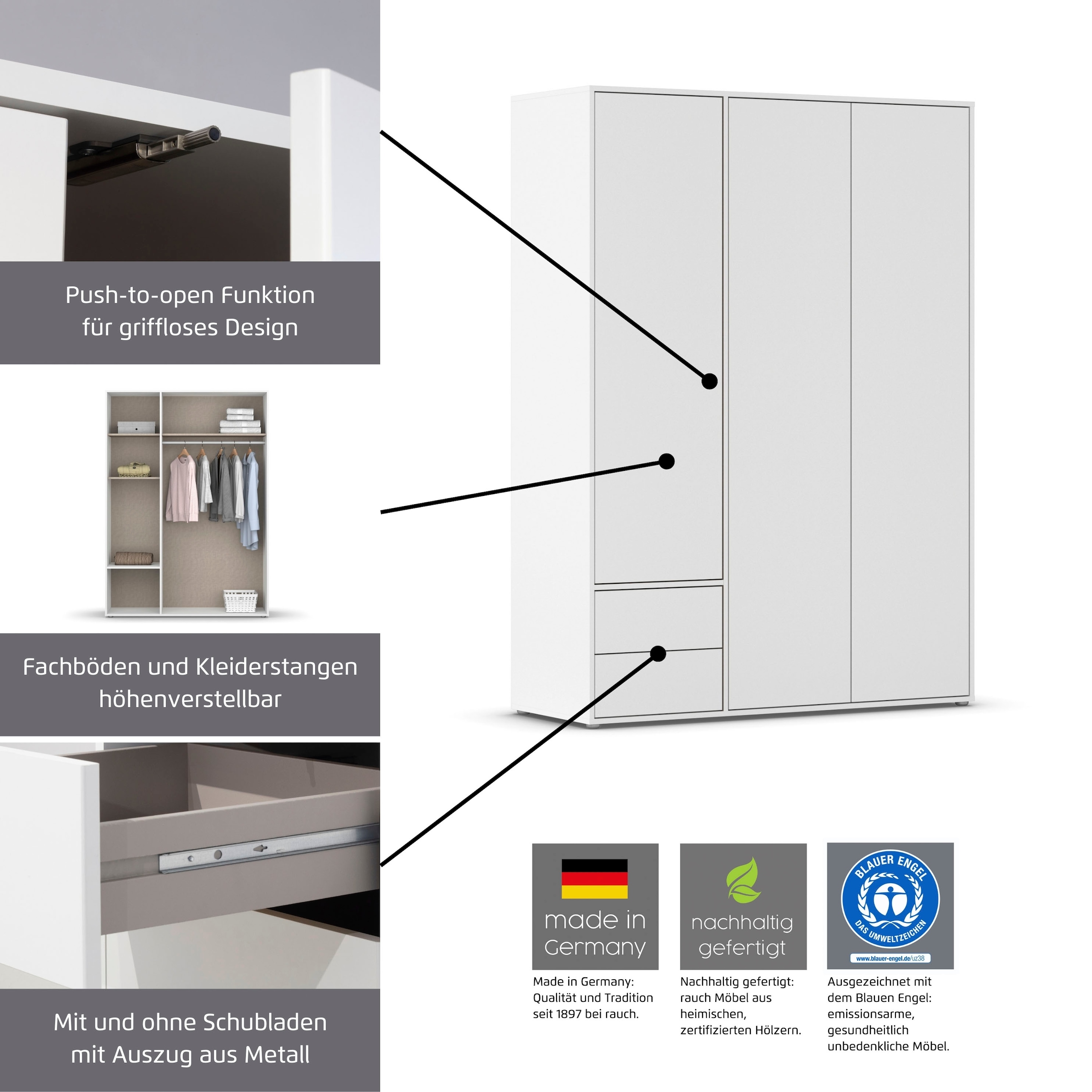 rauch Drehtürenschrank »Kleiderschrank Schrank Garderobe Wäscheschrank NABILA viel Stauraum«, mit 2 Schubladen und Push-to-Open Funktion TOPSELLER MADE IN GERMANY