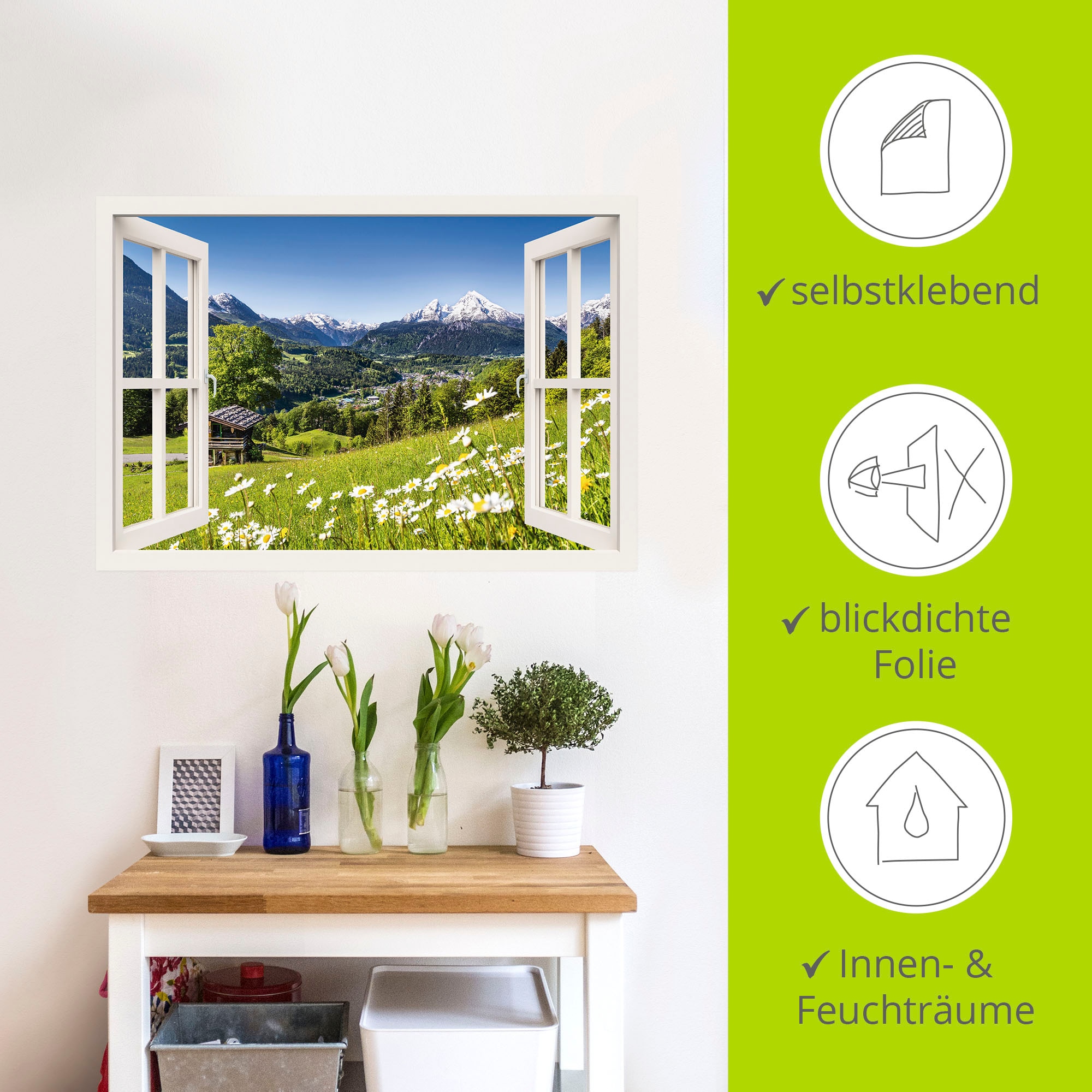 Artland Wandbild »Fensterblick Bayerischen Alpen«, Berge, (1 St.), als Alubild, Leinwandbild, Wandaufkleber oder Poster in versch. Größen