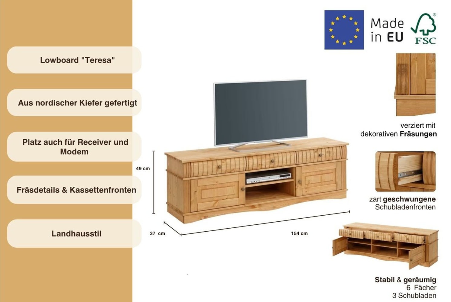 Home affaire Lowboard »Teresa« Maße (B/T/H): 154/37/49 cm,  Kommode aus massiver Kiefer, Breite 154 cm