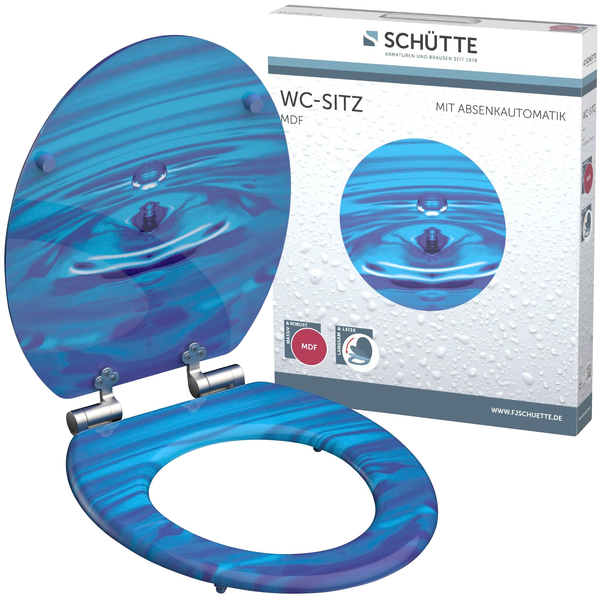 Schütte WC-Sitz »Blue Drop«, Toilettendeckel mit Absenkautomatik und Holzkern, Klobrille passend für viele handelsübliche WC-Becken, Toilettensitz mit Motivdruck, MDF