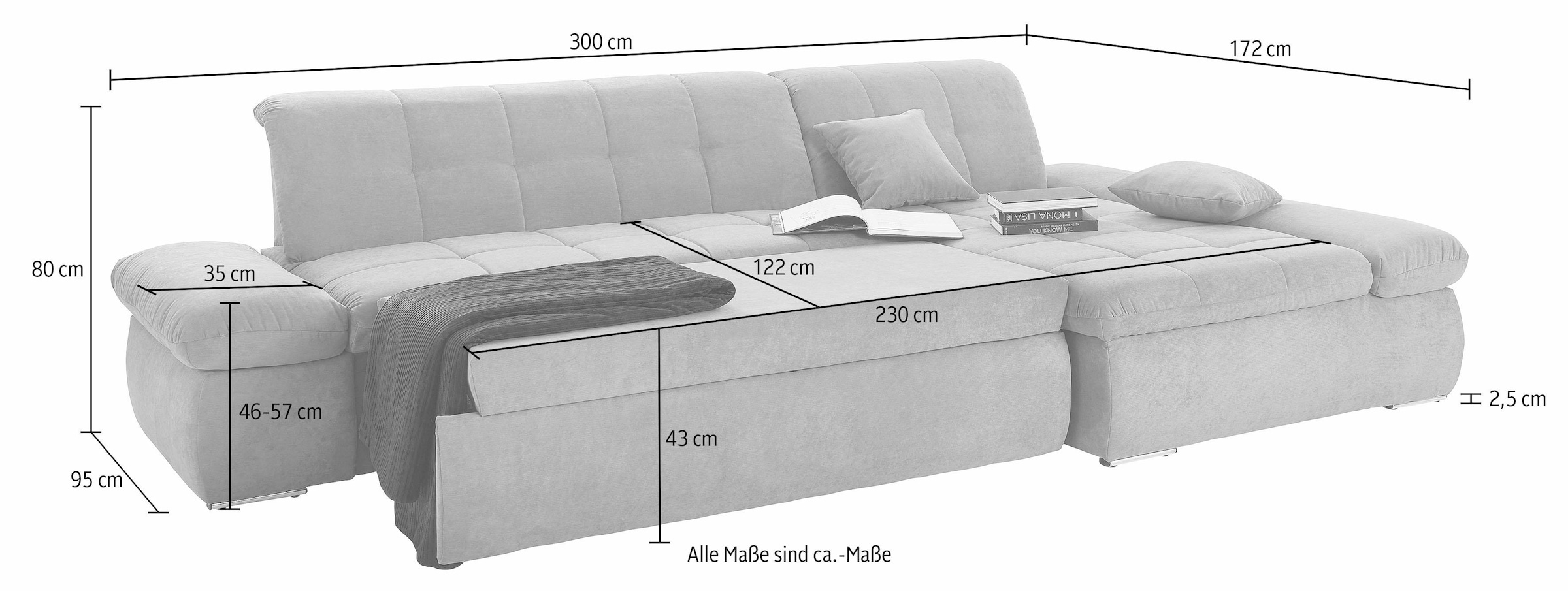 DOMO collection Ecksofa »NMoric XXL, B/T/H: 300/172/80cm, Revamierenabschluss L-Form«, wahlweise mit Bettfunktion und Armlehnverstel,lung