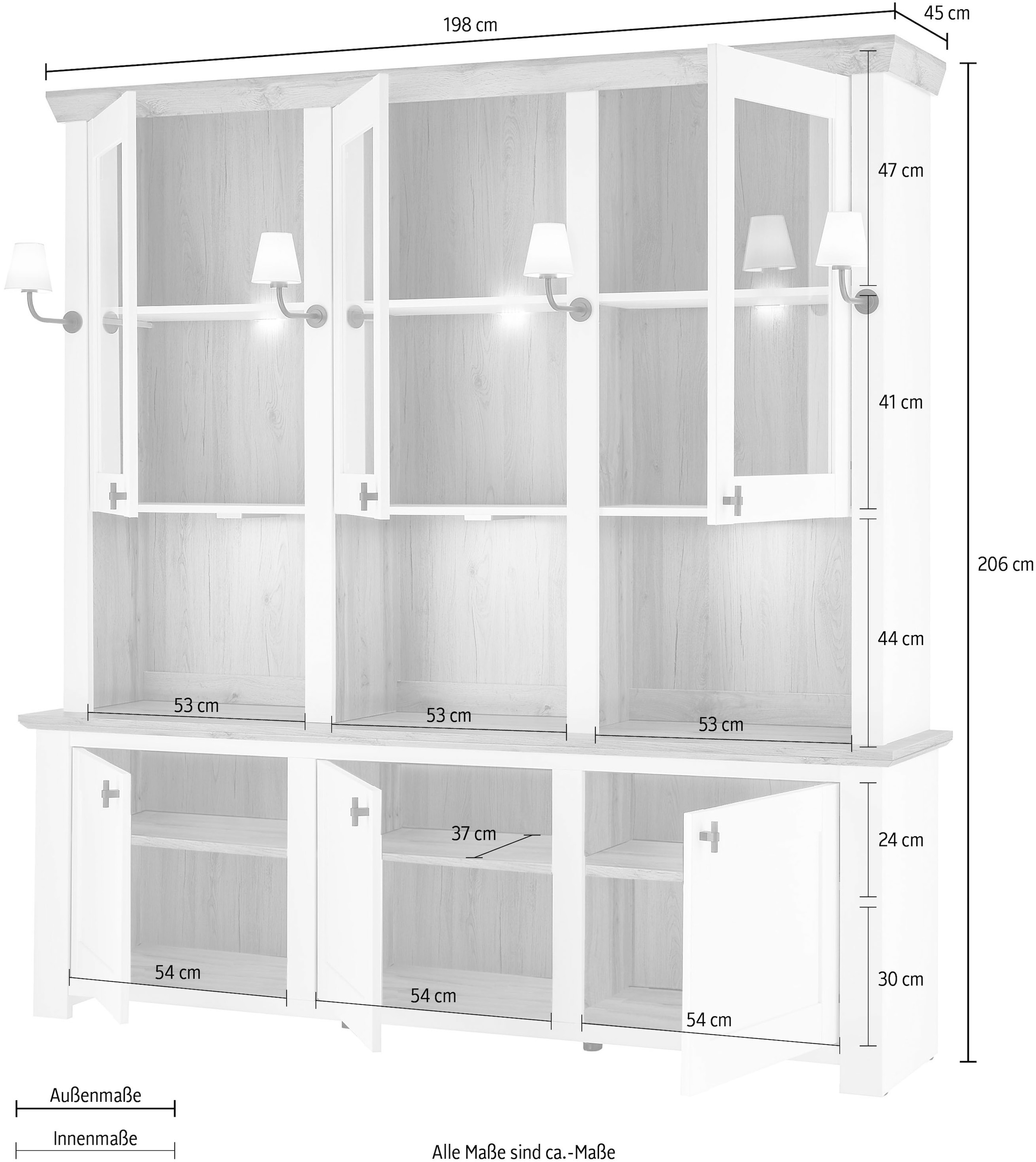 Home affaire Buffet »Bristol, Bücherschrank im Landhausstil, moderner Hochschrank« schwarze Metallgriffe, elegante Kranzoptik, mit Beleuchtung