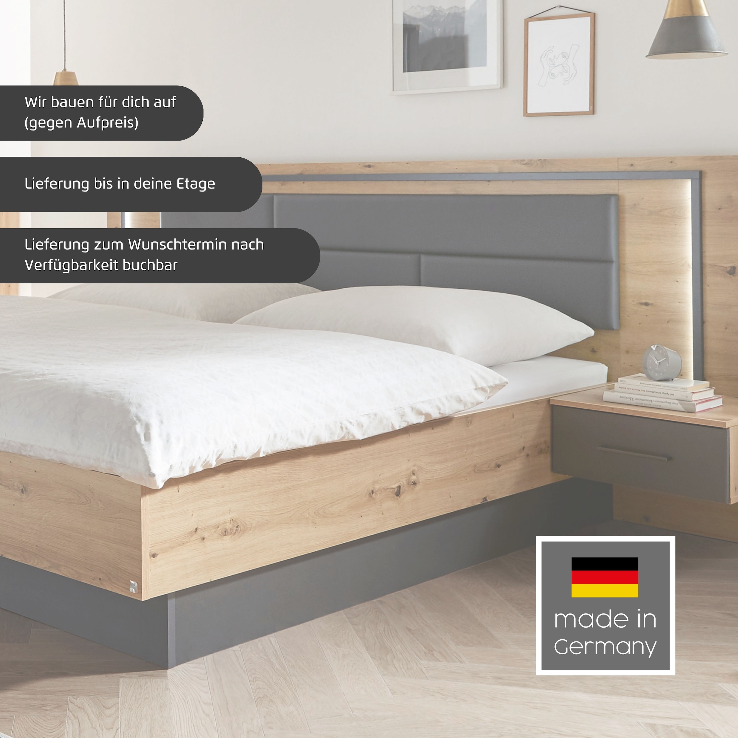 rauch Bettanlage »Bett Doppelbett Komortbett BILBAO-EXTRA« Set, Liegefläche 160x200 oder 180x200 cm, 3 tlg. tlg. Polster-Kopfteil in Lederoptik basalt, mit Beleuchtung MADE IN GERMANY