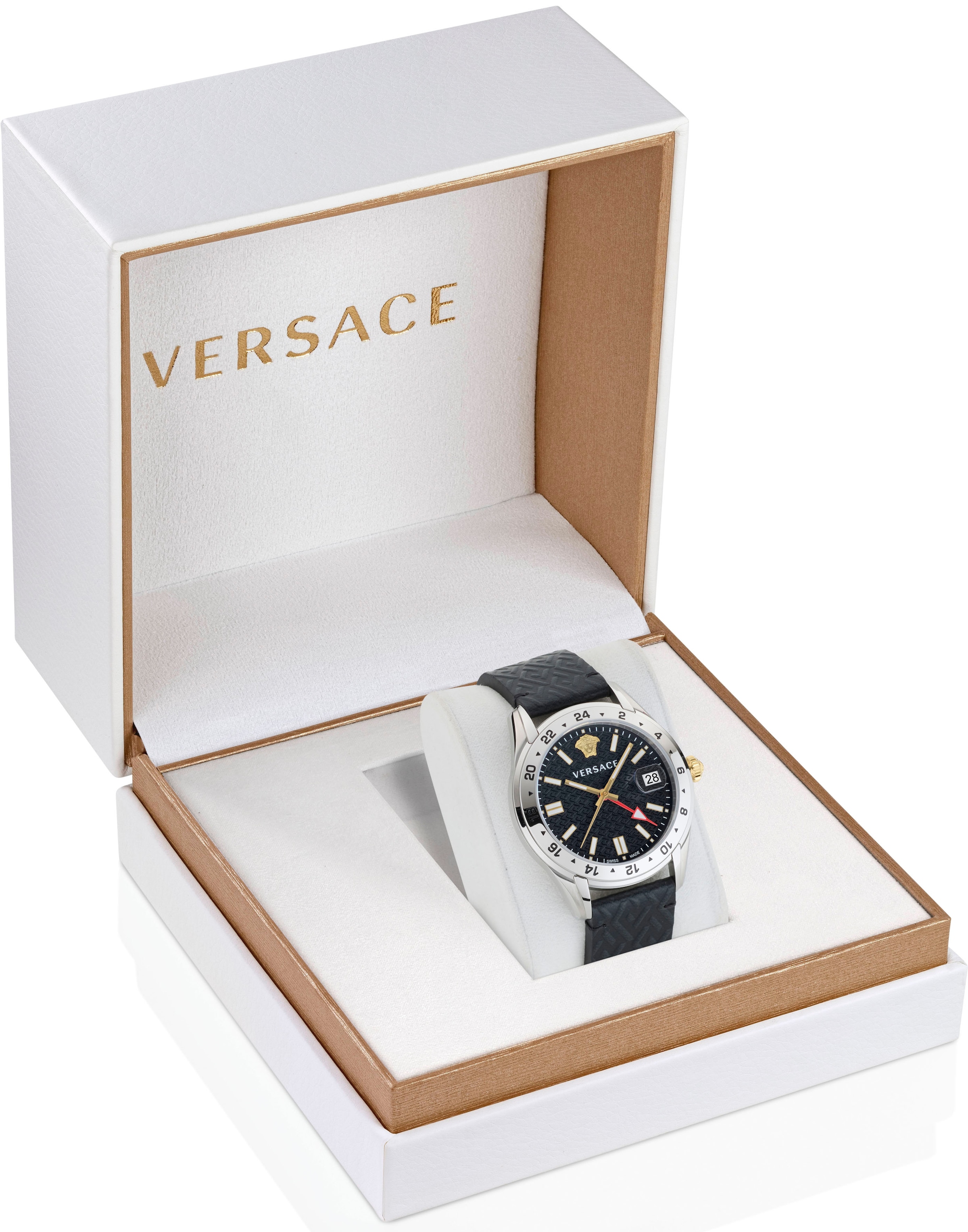 Versace Quarzuhr »GRECA TIME GMT«, Armbanduhr, Herrenuhr, Datum, Swiss Made, Leuchtzeiger, 2. Zeitzone