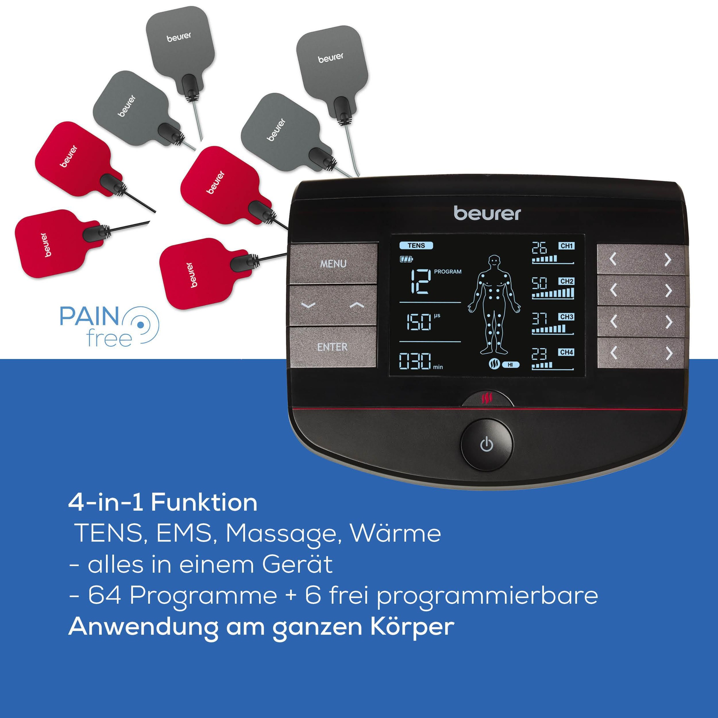 BEURER TENS-EMS-Gerät »EM 89 in 4-in-1 Funktion: TENS, EMS, Massage, Wärme«, (Inkl. 8 selbsthaftenden Gel-Pads), Mit 8 Elektroden für eine großflächige Anwendung auch am Rücken