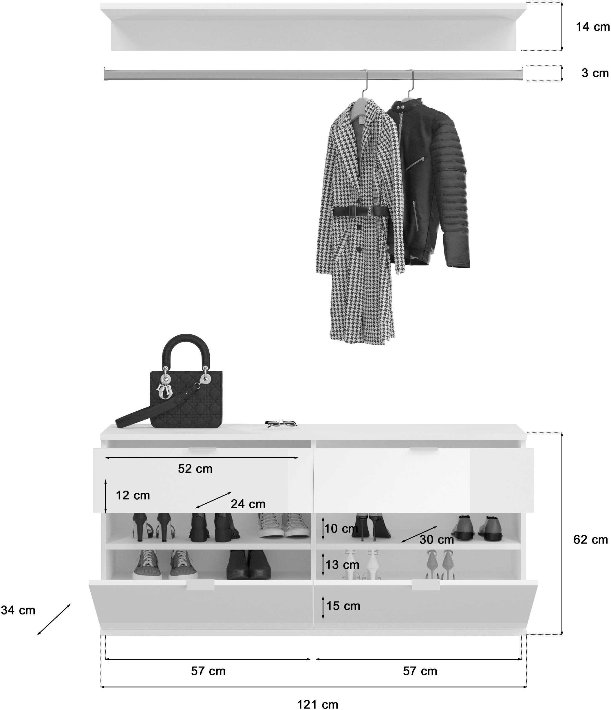 INOSIGN Garderoben-Set »Trondheim, Breite 243 cm, 5-teilig, bestehend aus:«, (Set, 4 St.), 2x Garderobenschrank, 1 Kommode, 1 Garderobenstange, 1 Ablageboden