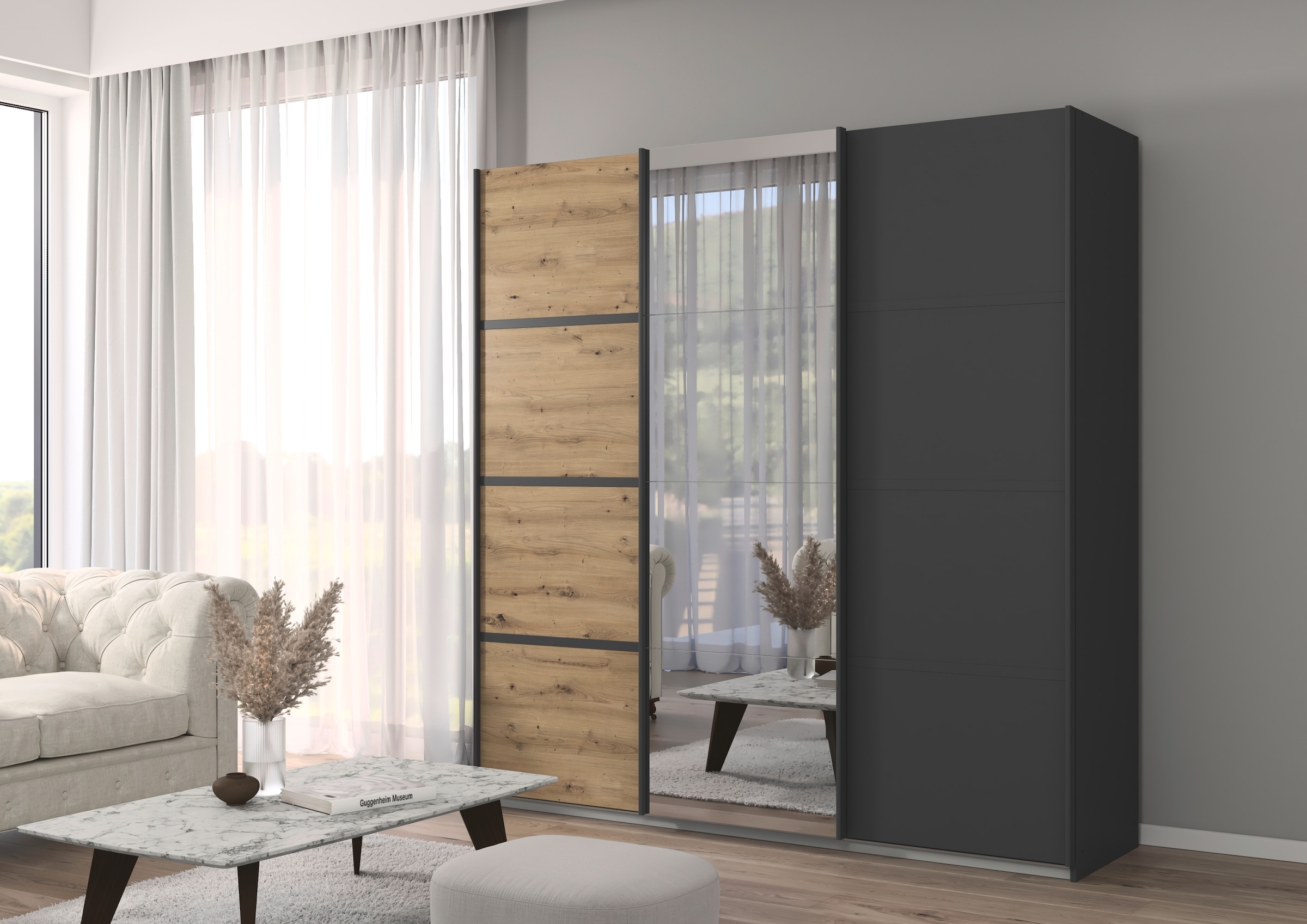 rauch Kleiderschrank »Schwebetürenschrank OTTO´s Choice Garderobe Schrank TOP ANGEBOT Avola«, (in 3 verschiedenen Ausstattungen BASIC/CLASSIC/PREMIUM inkl. Spiegel), mit eleganten Zierleisten in Chrom, Schwarz oder Weiß MADE IN GERMANY