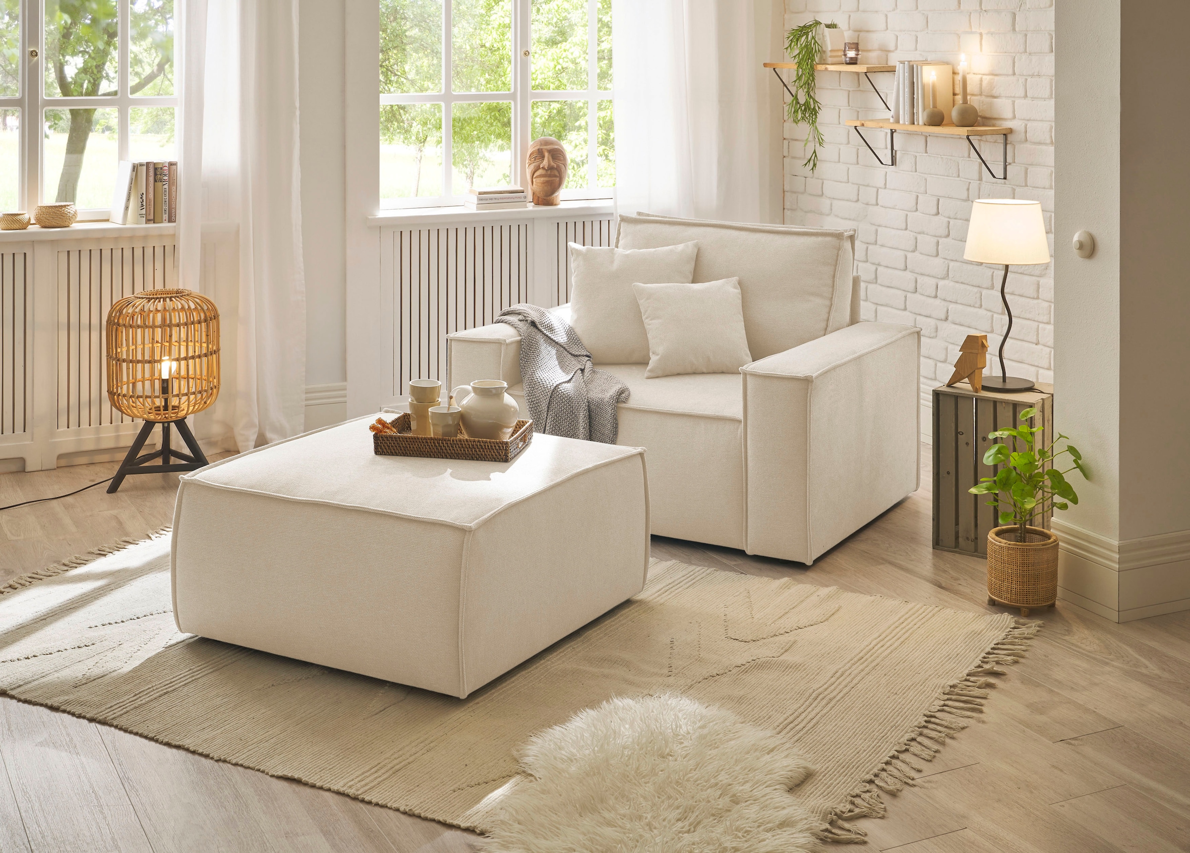OTTO home Loveseat »FINNLEY Struktur fein, Loveseat & Hocker im Set, inkl. Zierkissen« 2 Stk. tlg. verfügbar in den Stoffqualitäten Bouclé, Struktur fein und Mega Cord