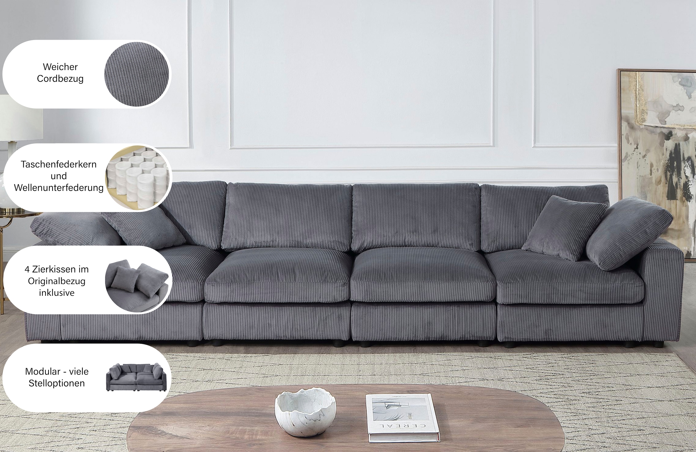 OTTO home 4-Sitzer »Bennid, XXL-Modulsofa mit vielen individuellen Stellmöglichkeiten« inklusive 2 großen & 2 kleinen Zierkissen im flauschigen Cord