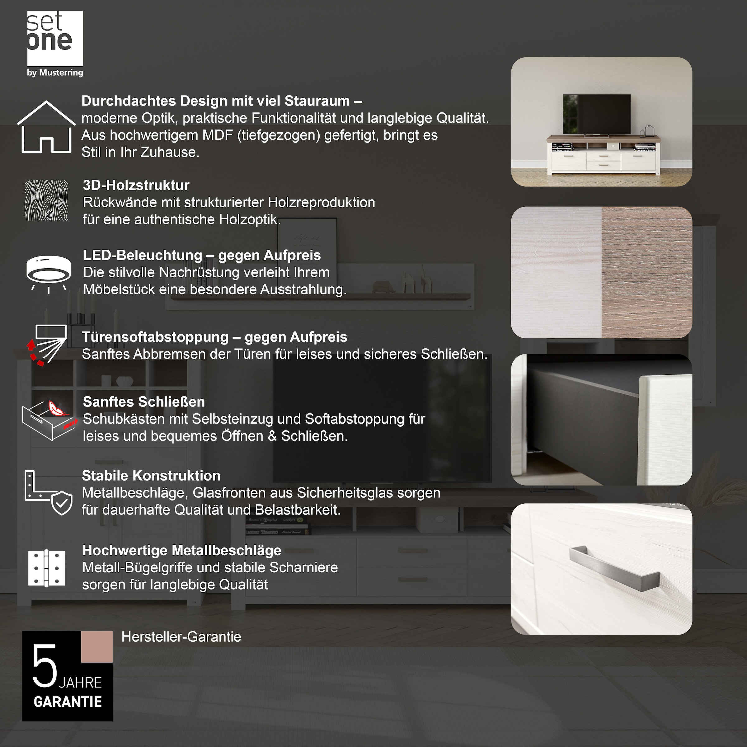set one by Musterring Lowboard »York« Typ 35, mit 4 Schubkästen, Beleuchtung optional, Breite 200 cm