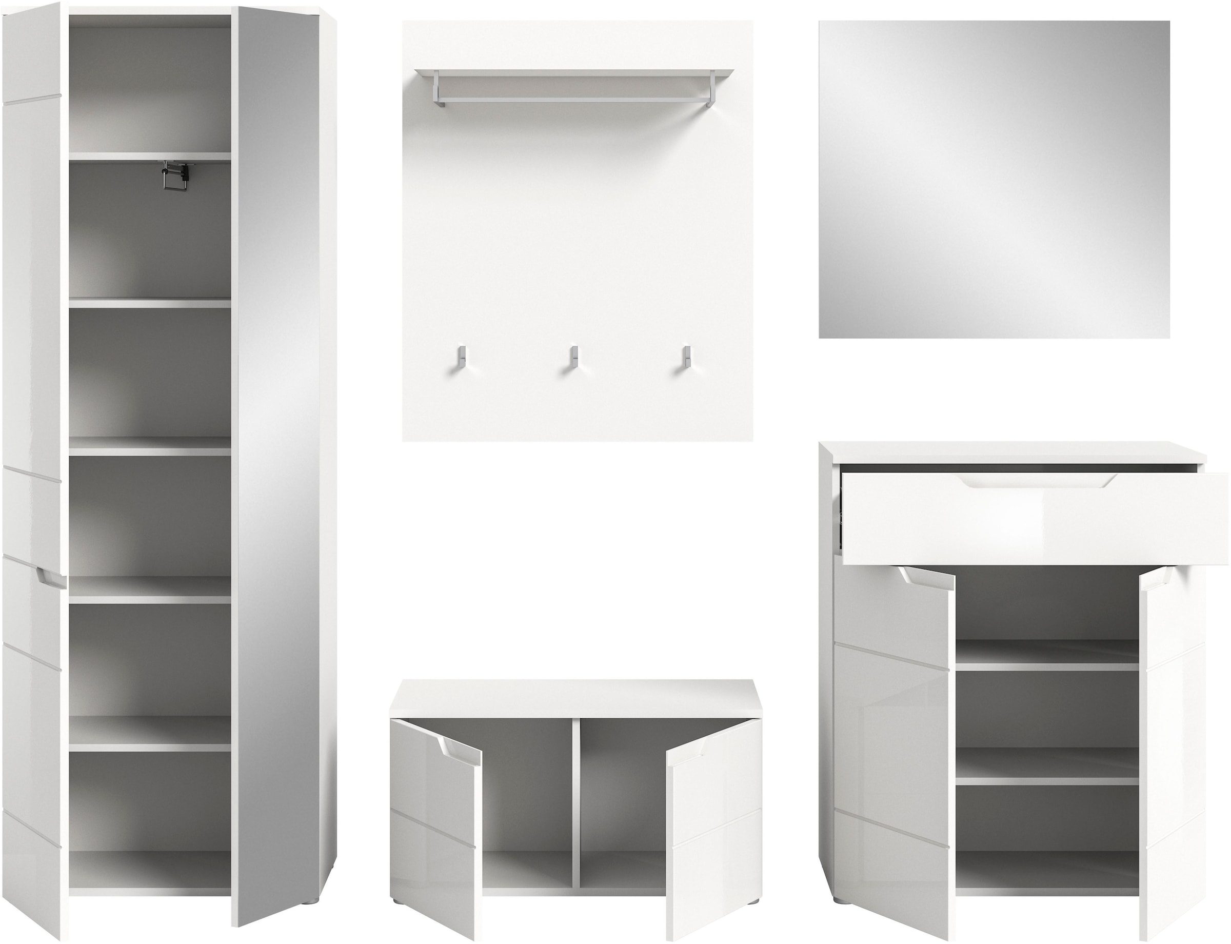 INOSIGN Garderoben-Set »CAPRI, 5-teilig, mit eingefasster Griffmulde, bestehend aus:«, (5 St.), Garderobenschrank, Sitzbank, Garderobenpaneel, Schuhkommode, Spiegel