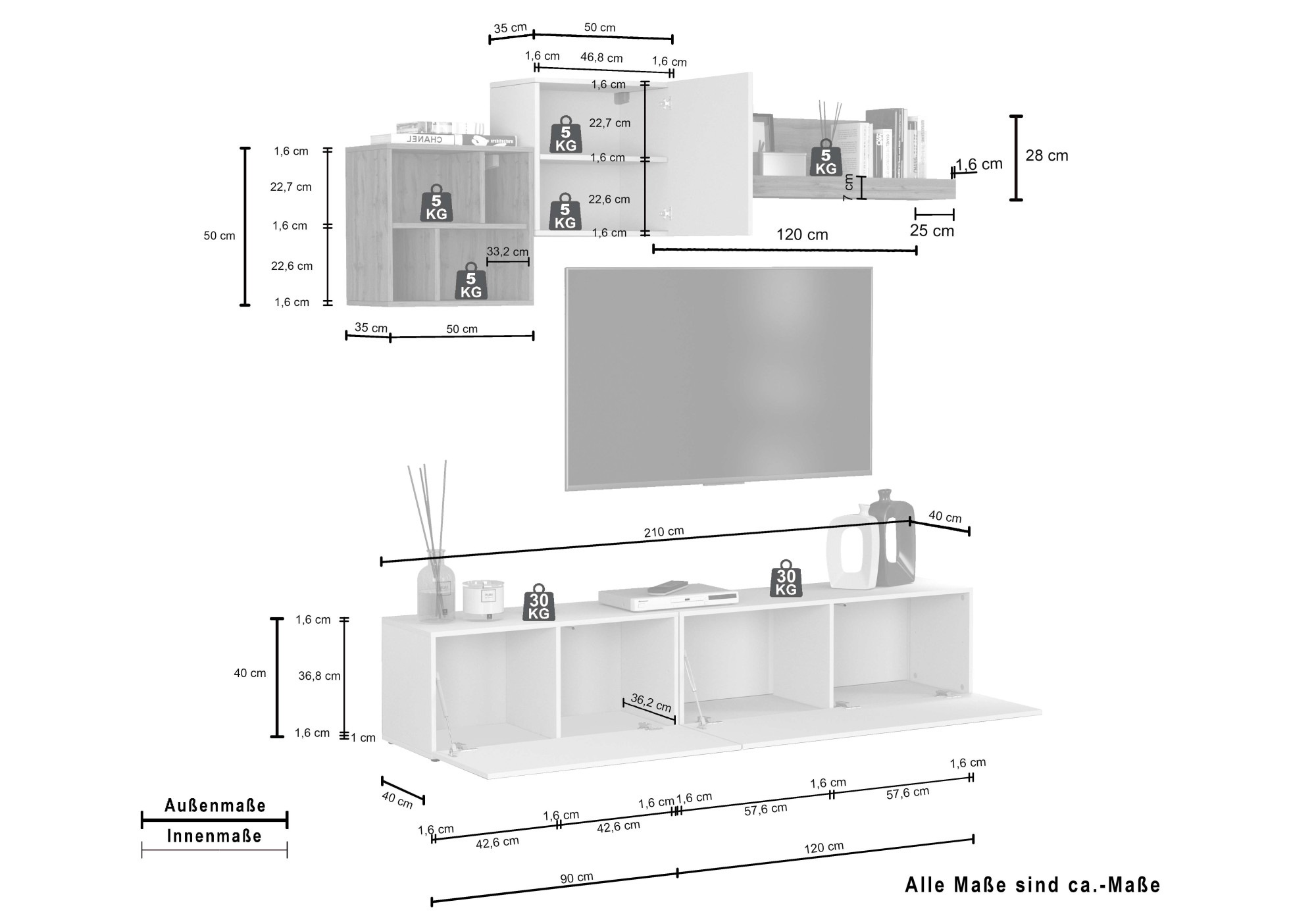 OTTO home TV-Wand »Chronos TV-Set, Wohnwand – Elemente frei platzierbar, Made in Italy« Set, 5-er set, 5 Stk. tlg.