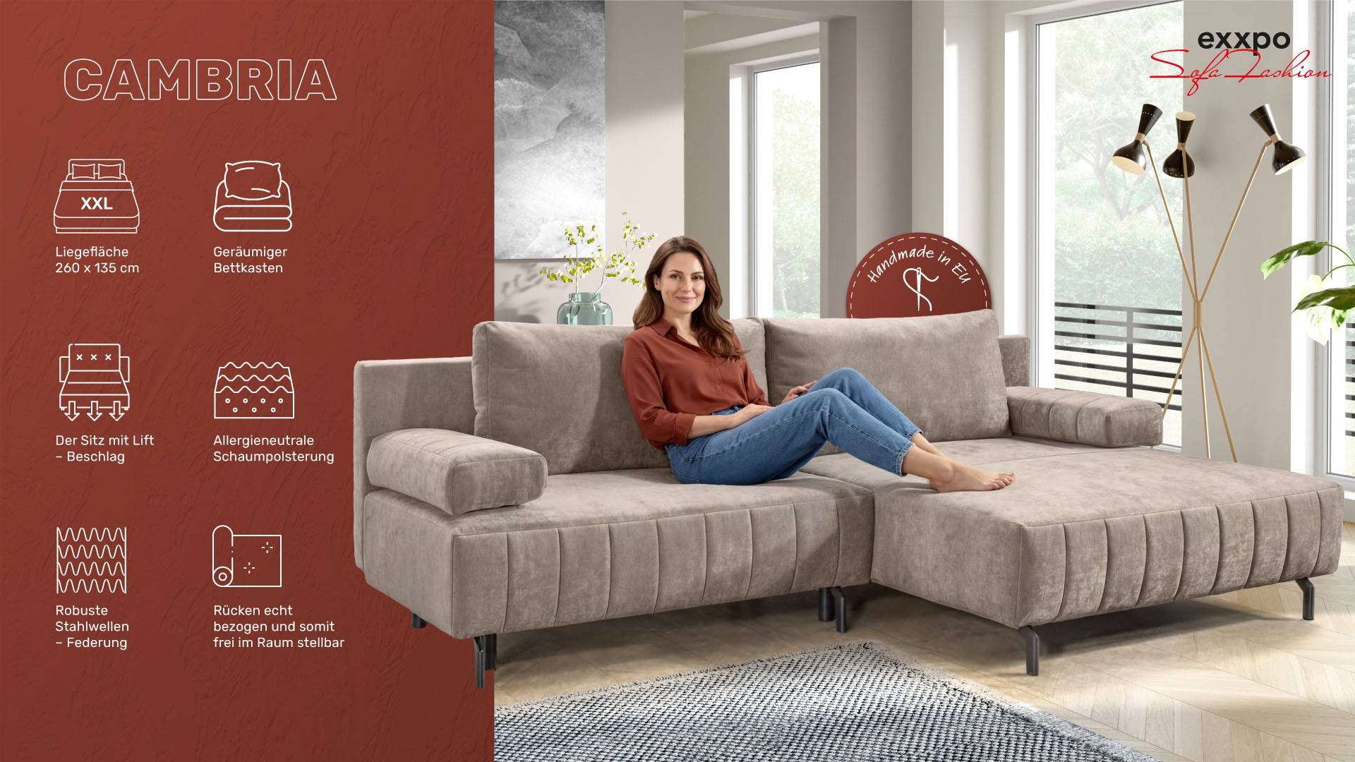 exxpo - sofa fashion Ecksofa »Cambria, B/T: 262/171 cm, hochbeiniges, modernes Design« inkl. Bettfunktion und Bettkasten, 15 cm bodenfrei, L-Form