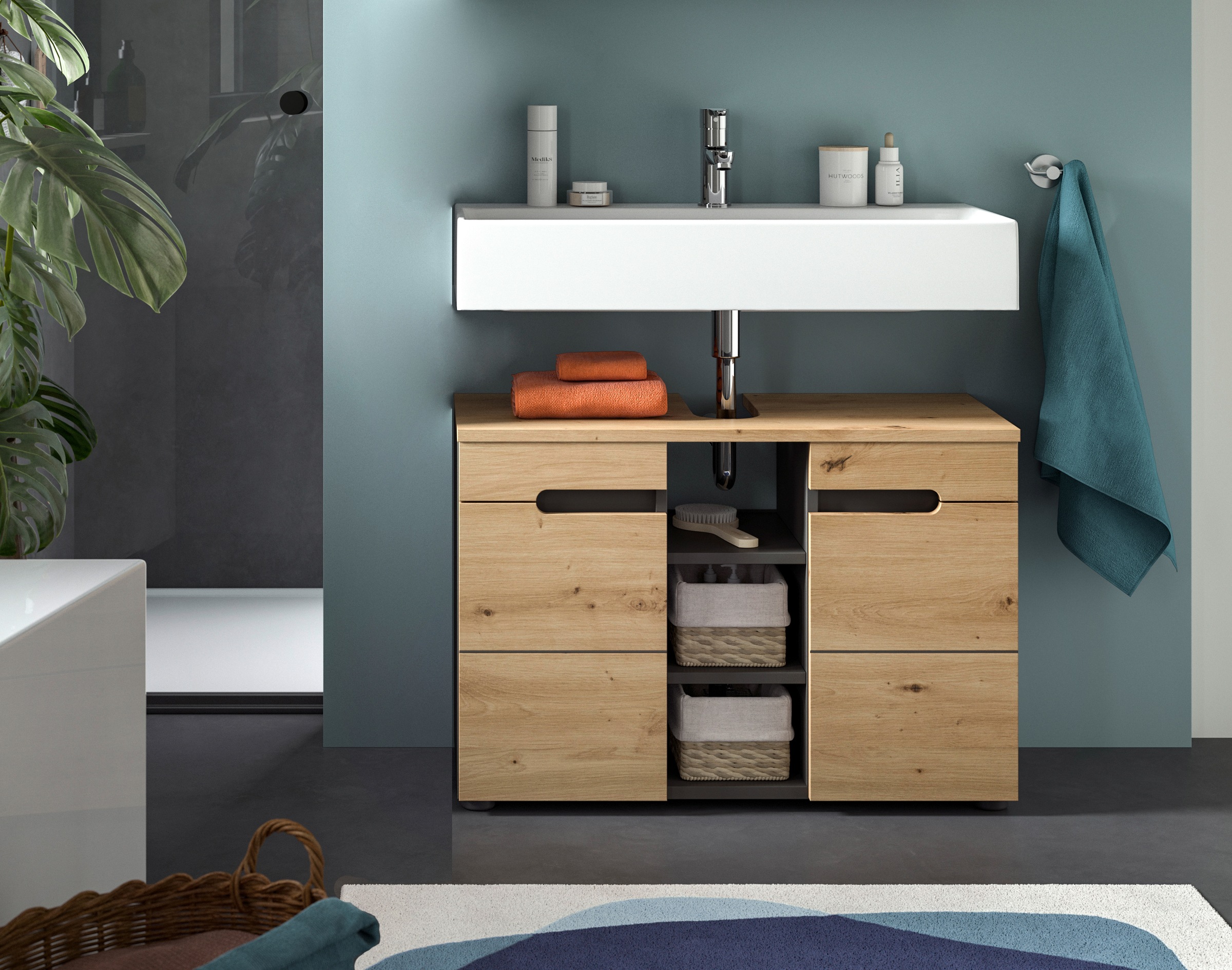 INOSIGN Waschbeckenunterschrank »REHAT, Breite 63 cm, 2 Türen, Einlegeboden, mit Siphonausschnitt«, Soft-Close-Funktion, eingefasste Griffaussparung in der Front