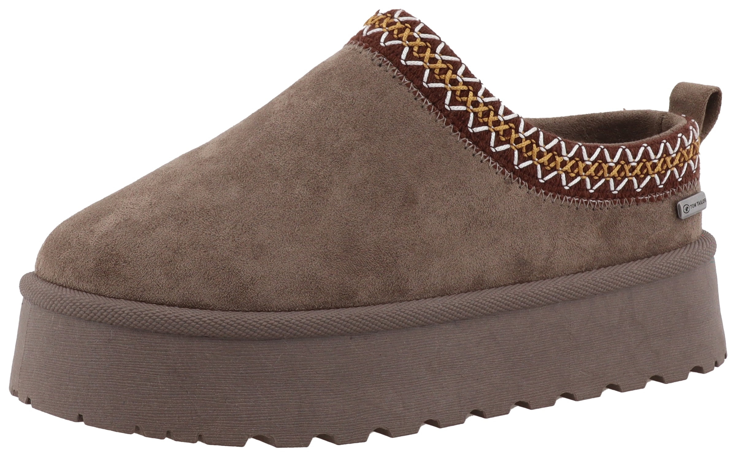 Clog, Plateau, Hausschuh, Schlappen mit Textilborde im Boho-Look