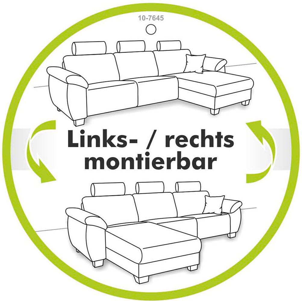 Jockenhöfer Gruppe Ecksofa »Luciano L-Form mit induktiver Lademöglichkeit, USB-A & USB-C Ladeport«, Bettkasten/Stauraum, rechts/links montierbar, große Liegefläche