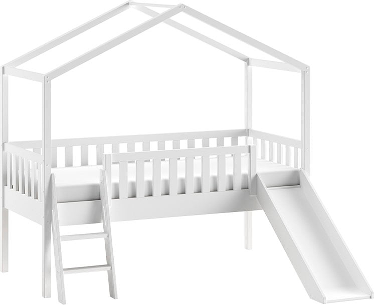 Vipack Hausbett »Kiefer massiv weiß lackiert, Made in Europe, stabil gebaut« B/H/T ca. 213x201,8cm, wahlweise mit und ohne Rutsche,  mit Leiter, offenem Dach, Rolllattenrost und Absturzschutz