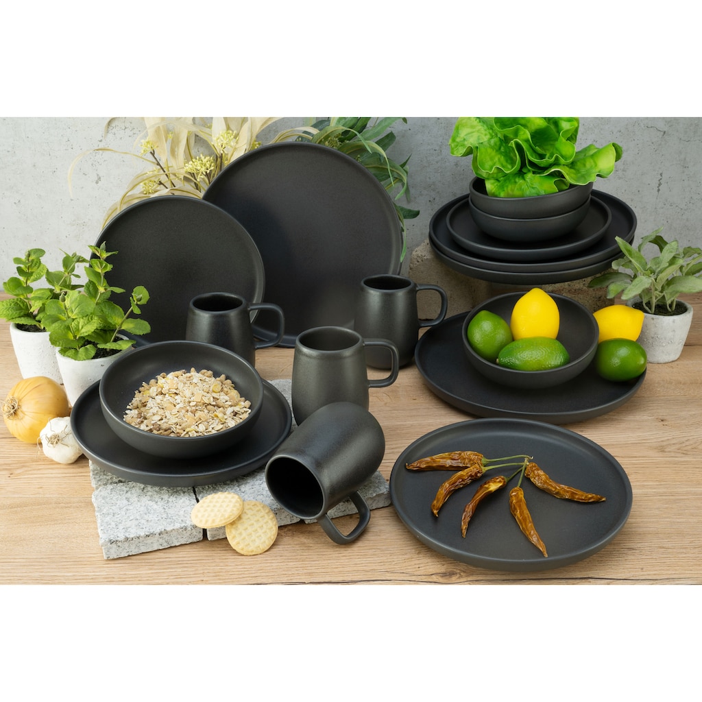 CreaTable Kombiservice »Geschirr-Set Uno Black«, (Set, 16 tlg., Kaffeeservice und Tafelservice im Set, für 4 Personen)