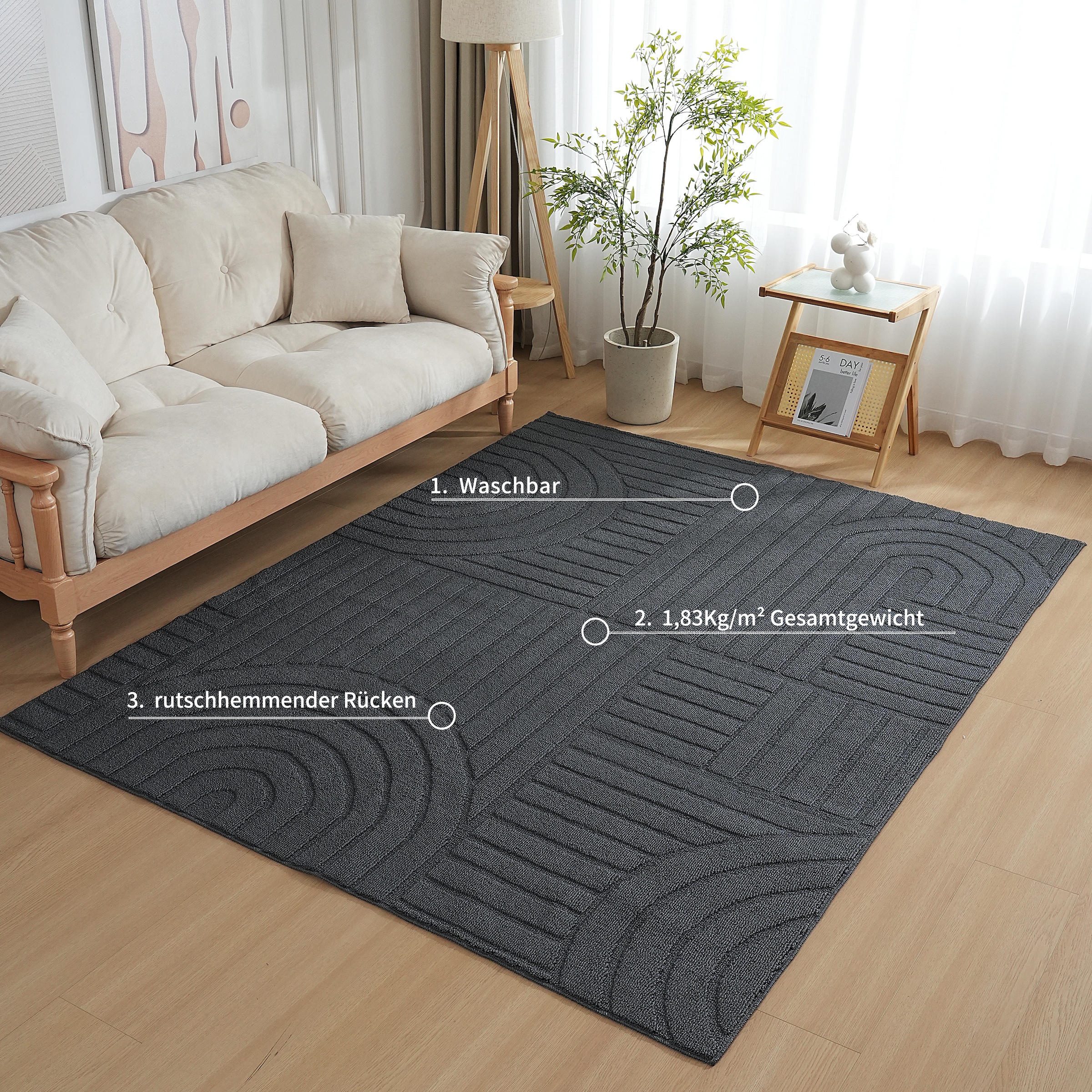 OTTO home Teppich »Neele, Boho-Design, Hoch-Tief, waschbar« rechteckig 12 mm Höhe 3D Optik, Skandinavisch, Designteppich, Wohnzimmer, Schlafzimmer