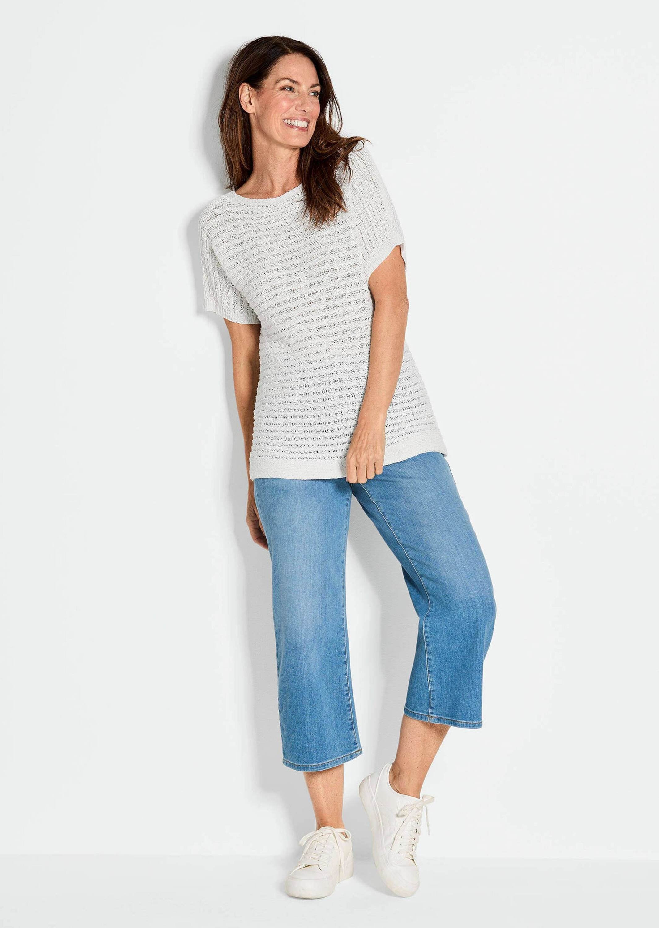 GOLDNER Rundhalspullover »Kurzgröße Kurzarm-Pullover mit Rippen« Rippenbündchen