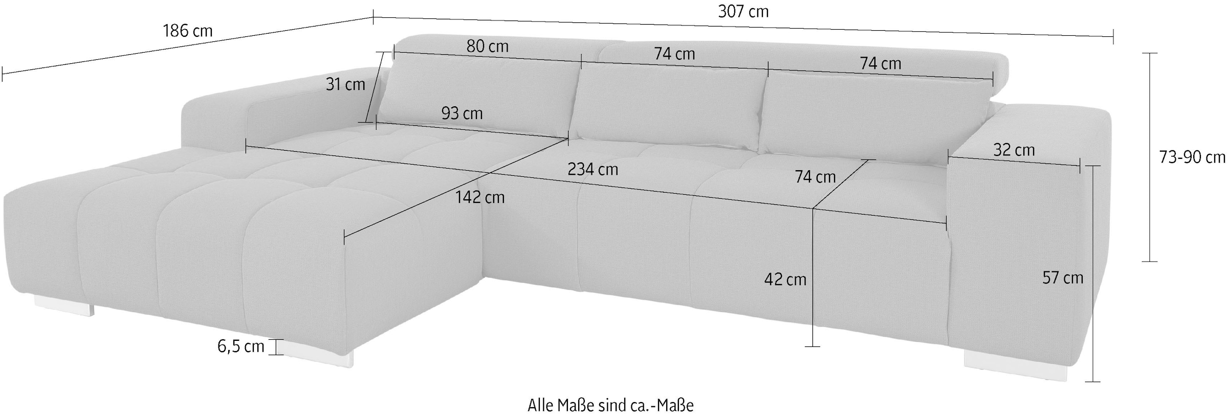 COTTA Ecksofa »Orion L-Form, B: 307 cm« 2x Kopfteilverstellung & 3 Nierenkissen