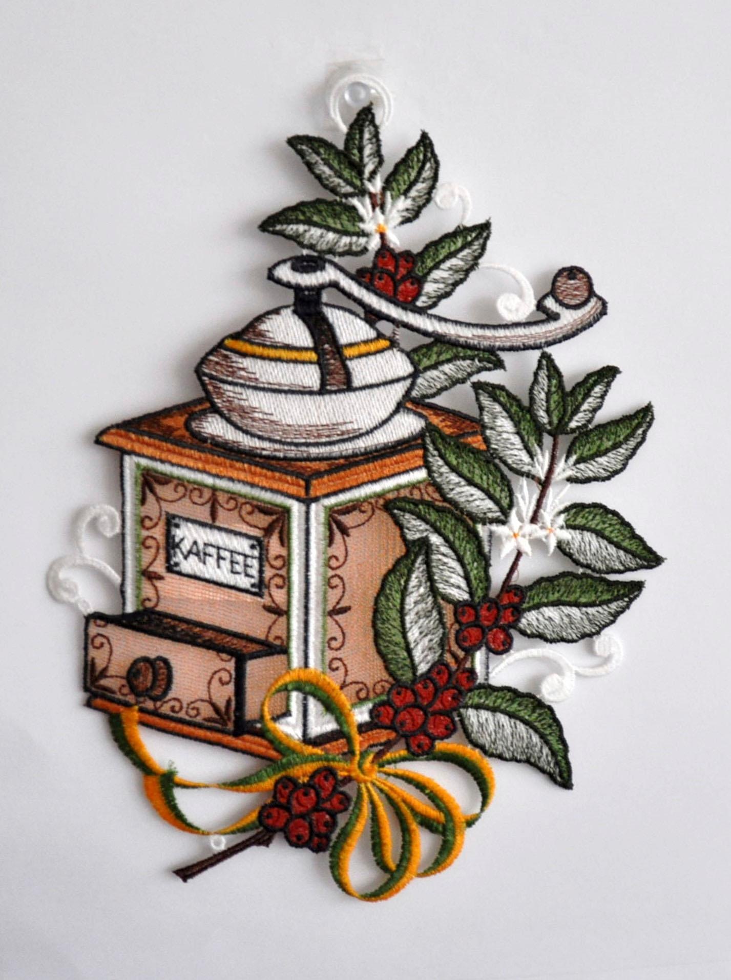 Stickereien Plauen Fensterbild »Kaffeemühle« in bunt, Größe B/L: 22 cm x 29 cm
