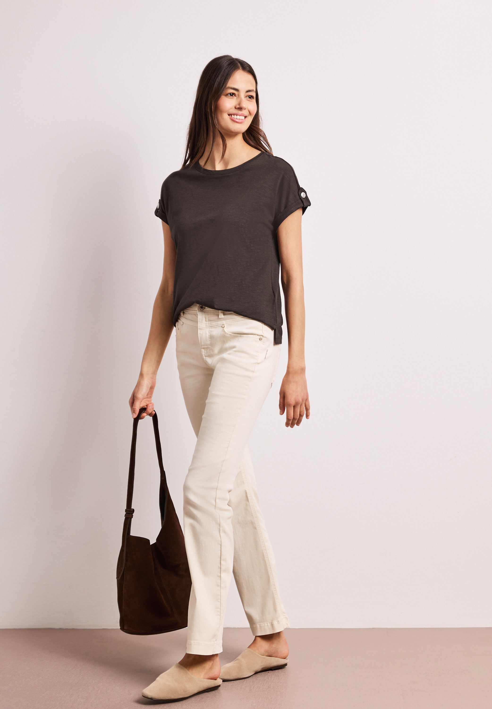 STREET ONE Shirttop Sommershirt mit Rundhals und Knopfdetails