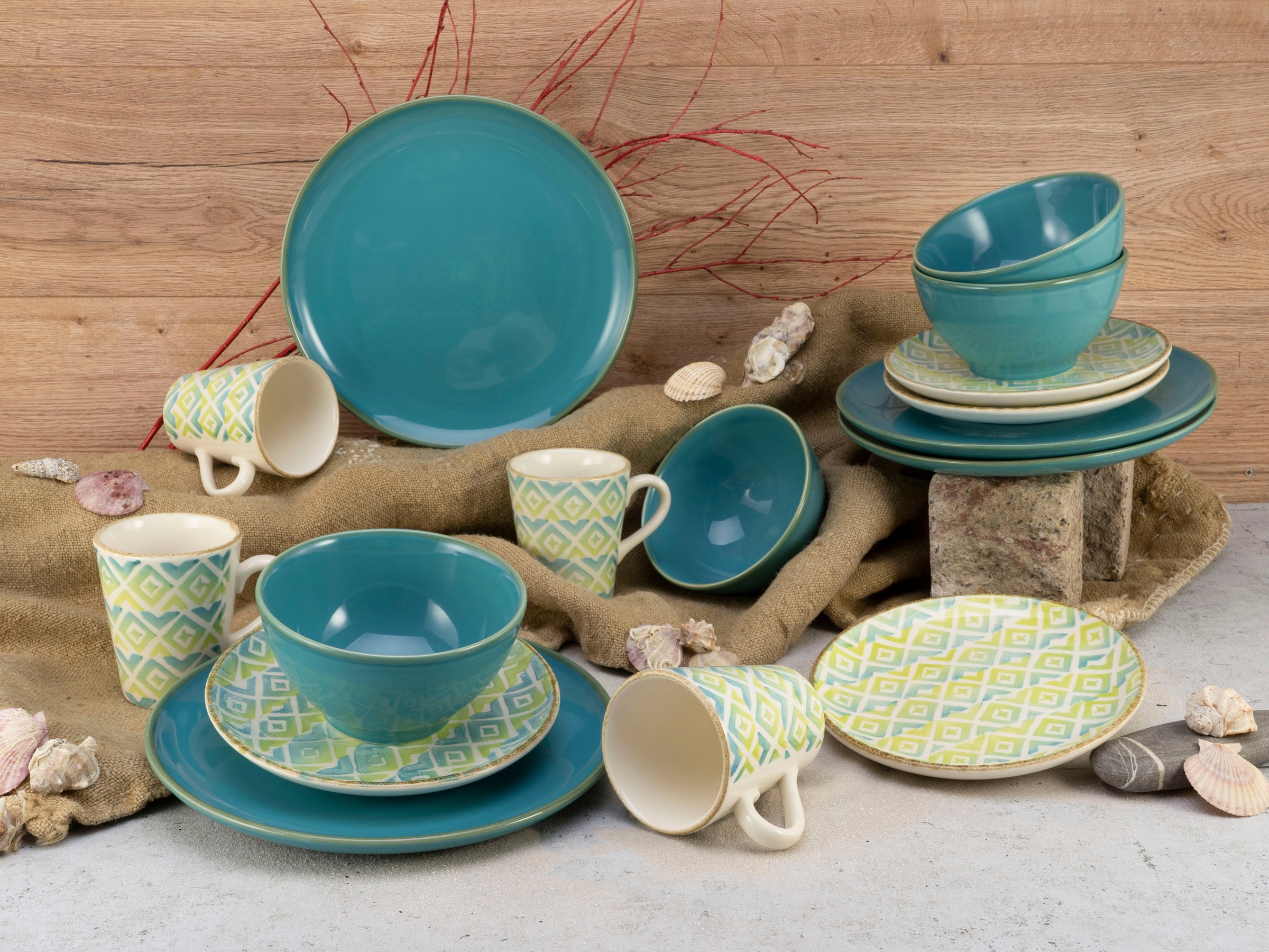 CreaTable Kombiservice »Geschirr-Set Sevilla«, (Set, 16 tlg., Kaffeeservice und Tafelservice im Set, für 4 Personen), Service, Fliesenmotiv, Made in Europe, 16 Teile, für 4 Personen