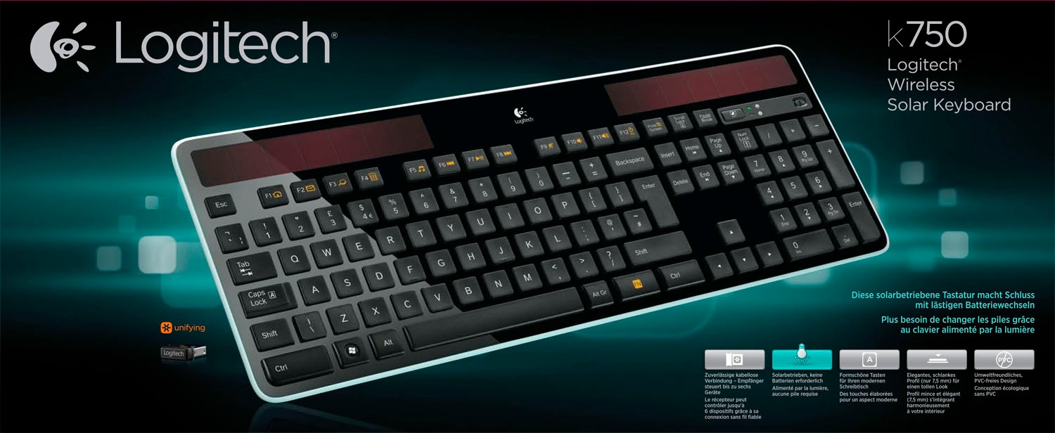 Logitech Tastatur »Wireless Keyboard K750 SOLAR«, (Multimedia-Tasten-Ziffernblock-ausklappbare Füße-verstellbare Füße)