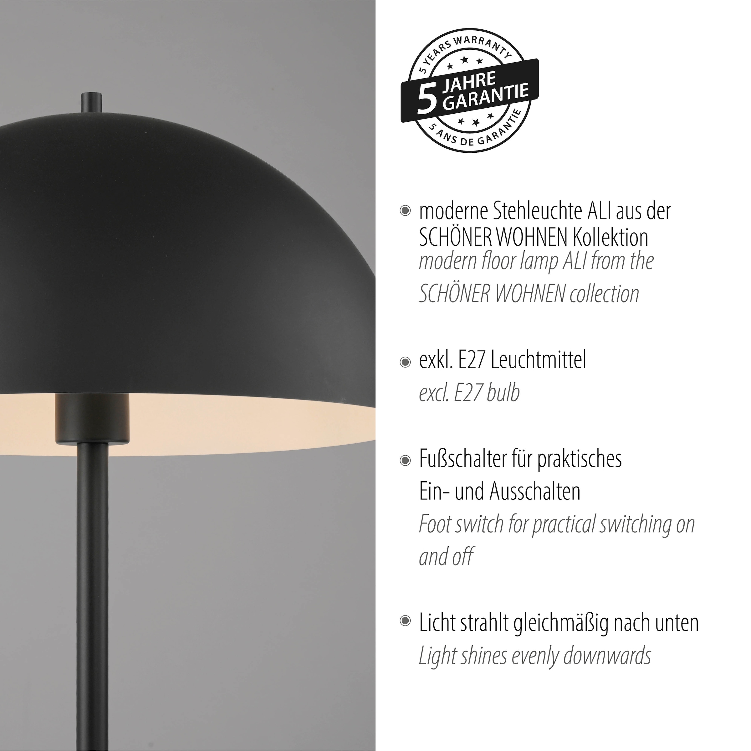 SCHÖNER WOHNEN-Kollektion LED Stehlampe »ALI« E27 1 Stk. SCHÖNER WOHNEN Kollektion, Fußschalter, Downlight