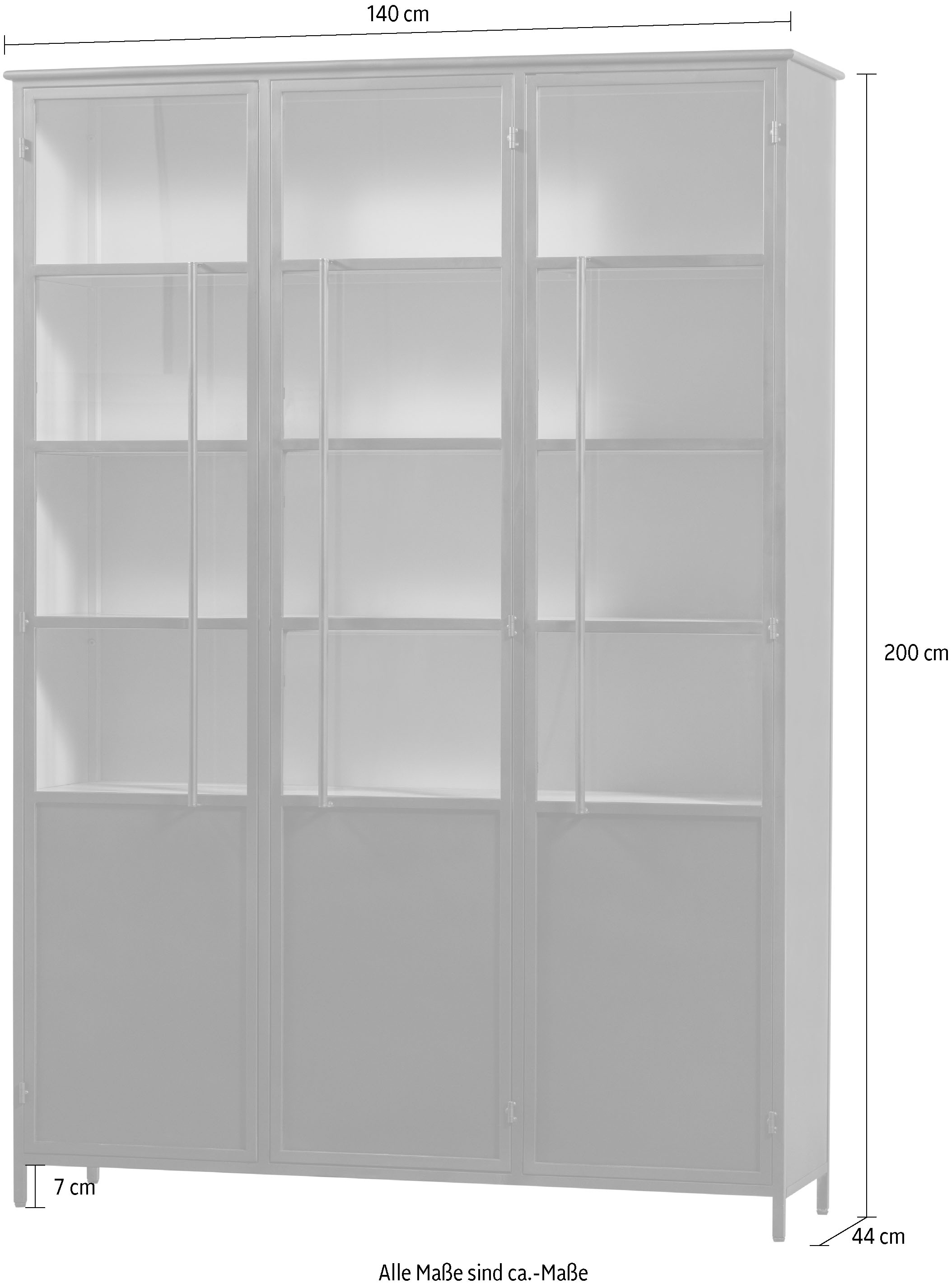 WOOOD Vitrine »EXHIBIT XL 3-TÜRIG SCHRANK METALL B/T/H: 140/44/200 cm« Ausstellungsvitrine  aus mattem Metall bietet 5 stabile Böden