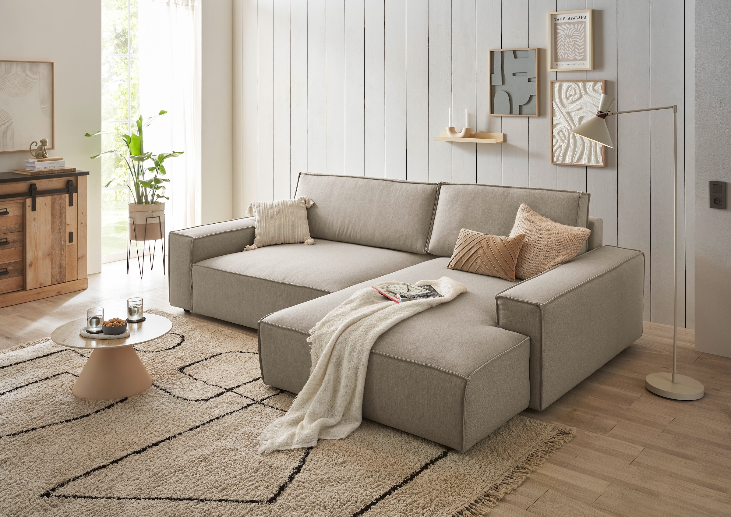 Home affaire Ecksofa »NEU: SHERWOOD XXL 284, Big-Sofa L-Form, tiefe Sitzfläche 95 cm, Cord«, Recamiere rechts/links, als Schlafsofa stellbar, Cord u. Leinenoptik