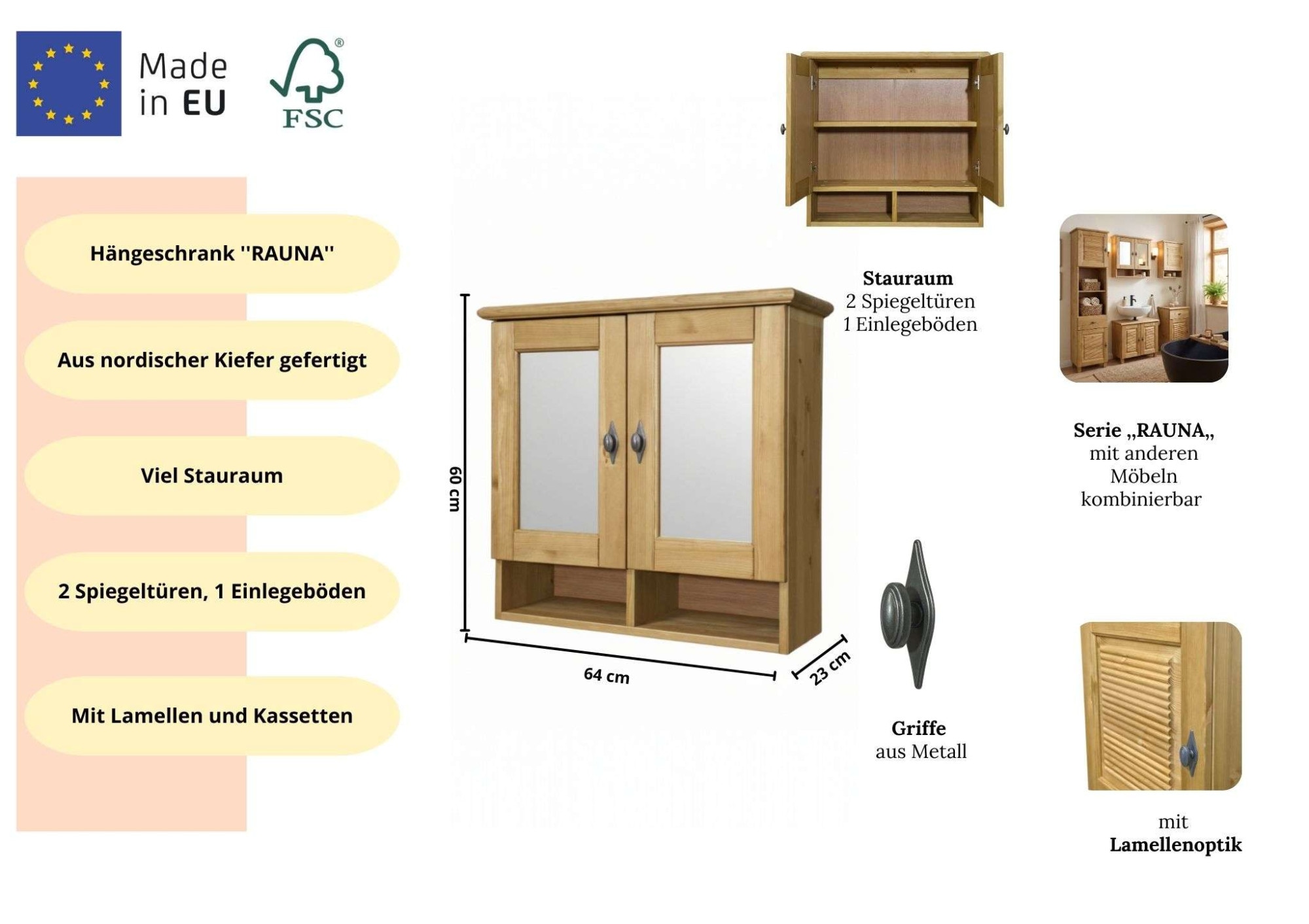 OTTO home Badezimmerspiegelschrank »Rauna« aus massiver Kiefer, Breite 64 cm, mit Spiegel, made in EU