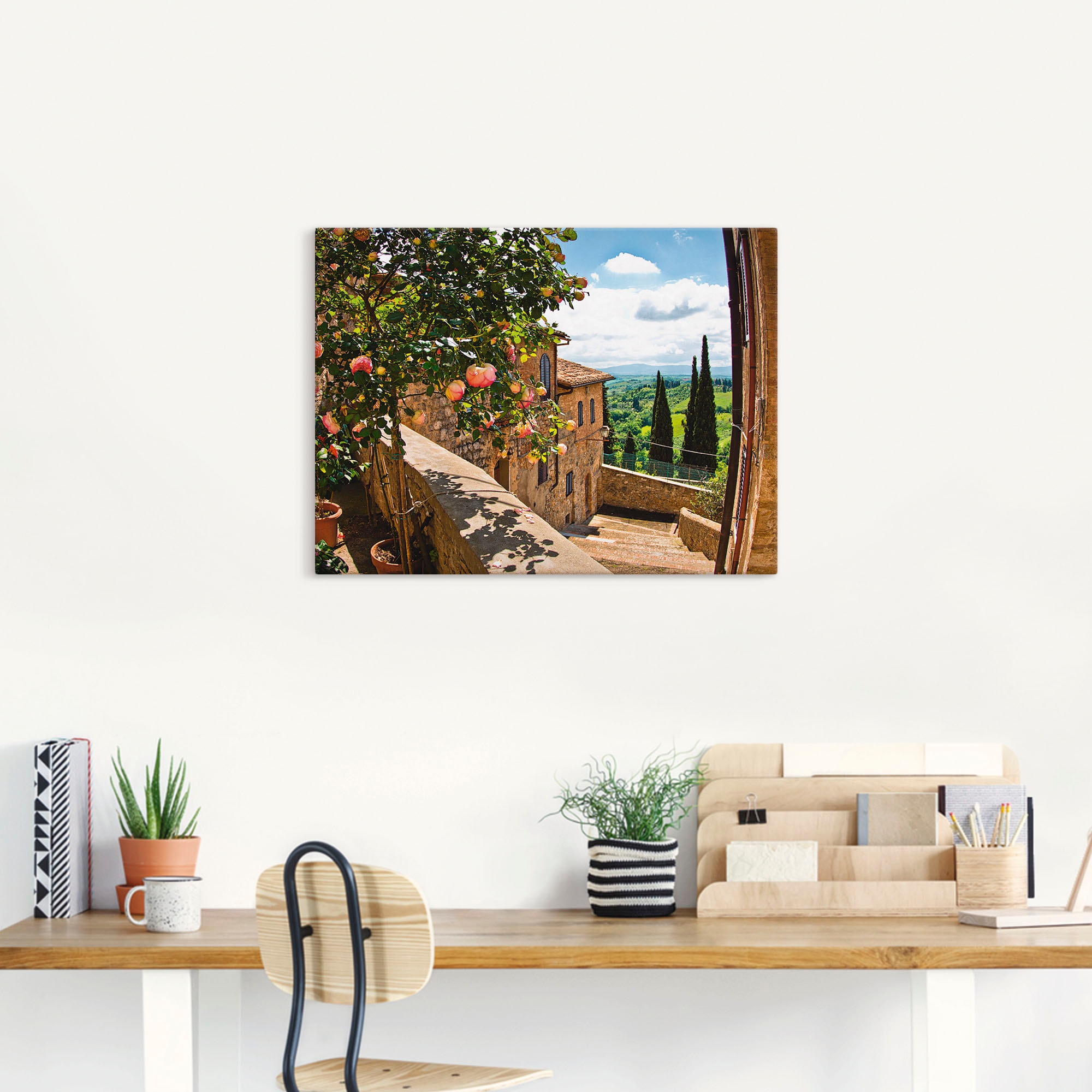 Artland Wandbild »Rosen auf Balkon Toskanalandschaft«, Garten, (1 St.), als Alubild, Outdoorbild, Leinwandbild, Poster, Wandaufkleber
