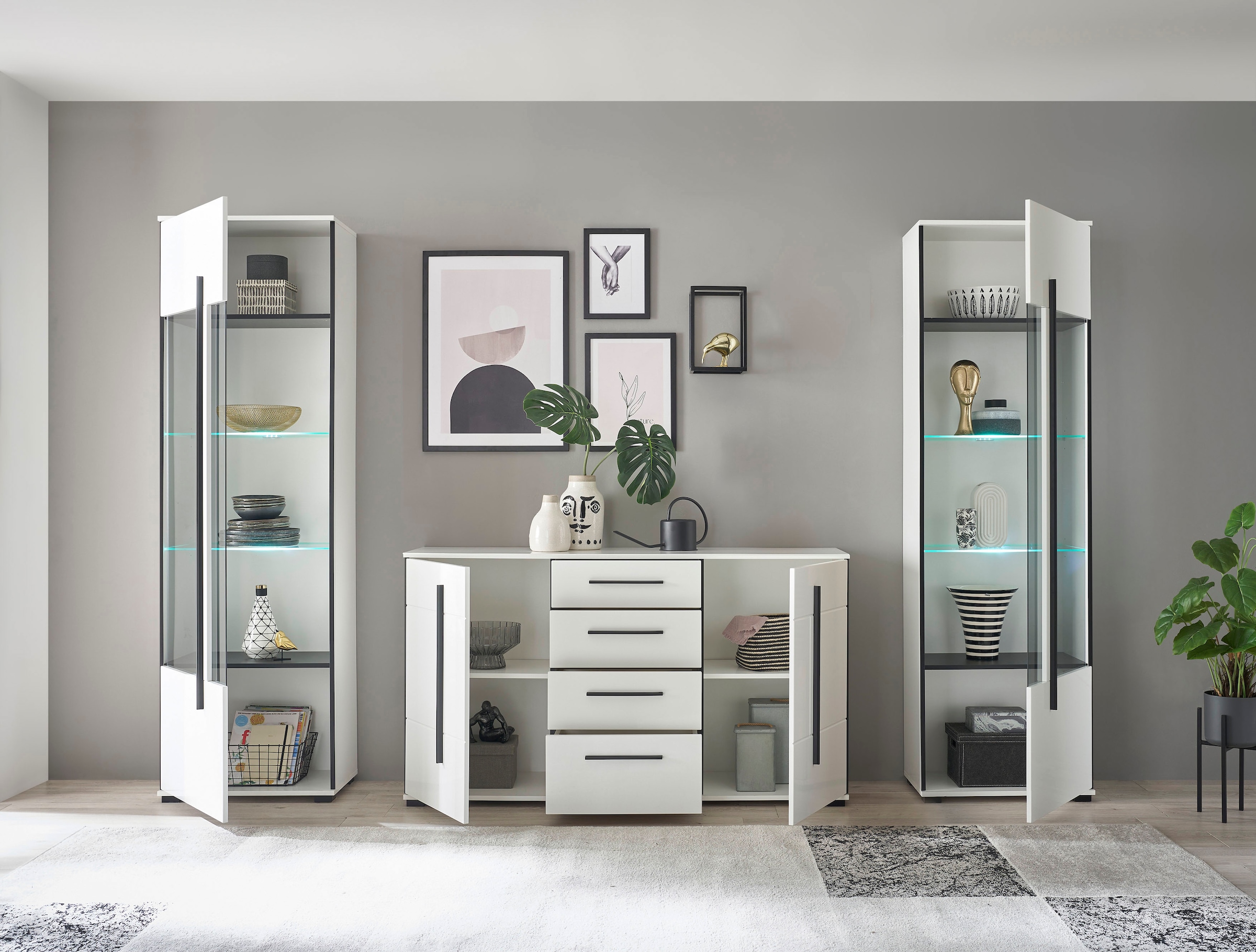 INOSIGN Wohnwand »Cantara, moderne Anbauwand, Wohnzimmer-Set, in Eiche Evoke oder Weiß«, (Set), enthält zwei Vitrinen und ein Sideboard