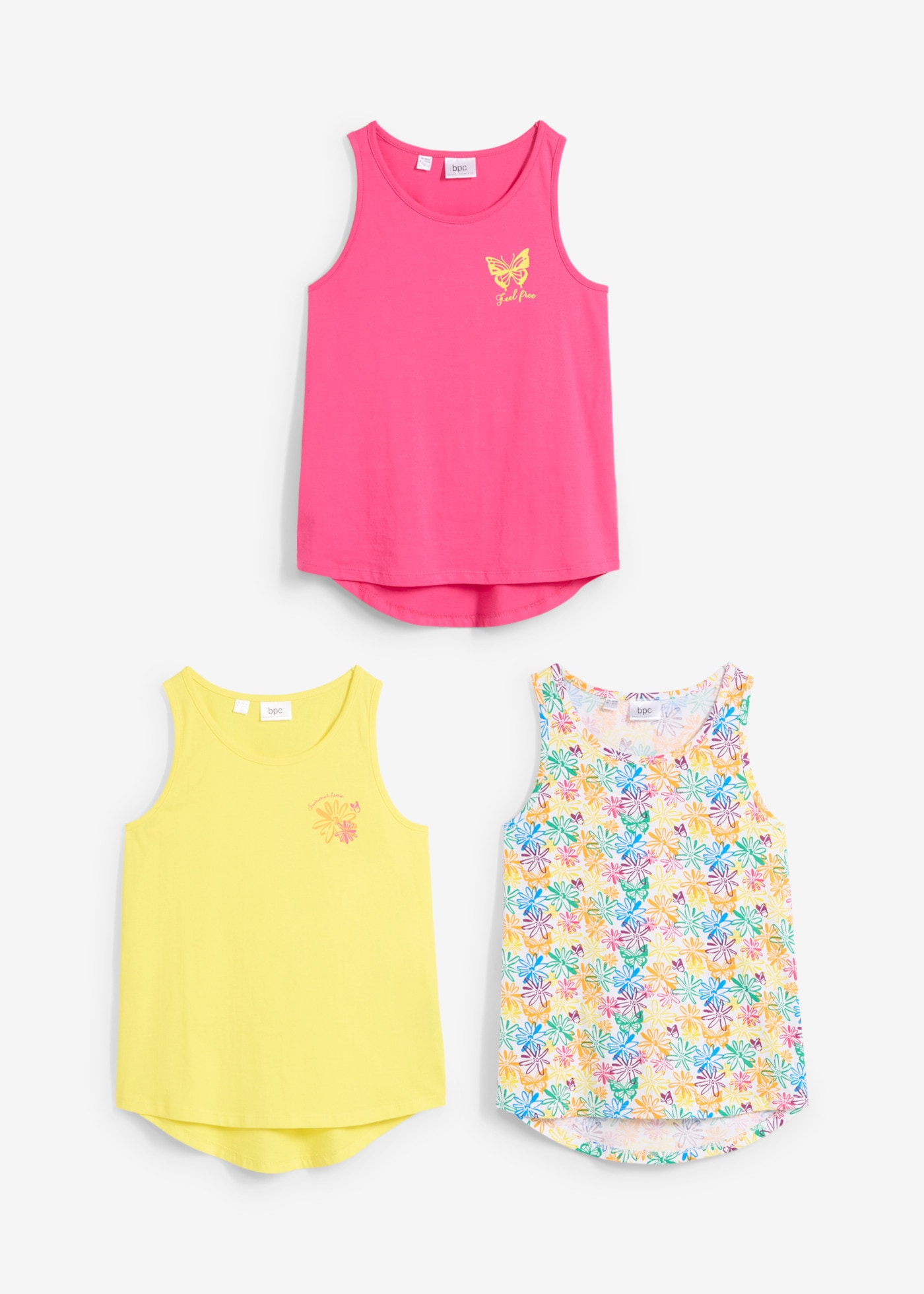 bonprix Shirttop Packung, 3er,  Packung mit 3 Shirttops, ärmellos, lockere Passform, aus Baumwolle
