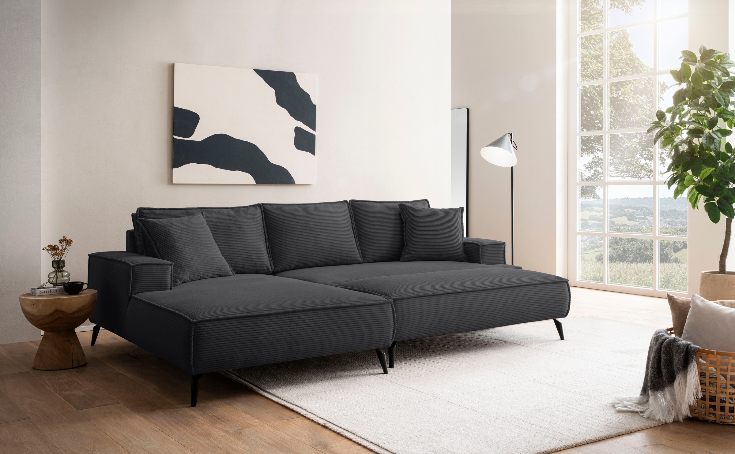 andas Ecksofa »TVINNU, L-Form, 275cm, in Cord und Leinenoptik« wahlweise Recamiere rechts/links, schwarze Füße, bequemer Sitzkomfort