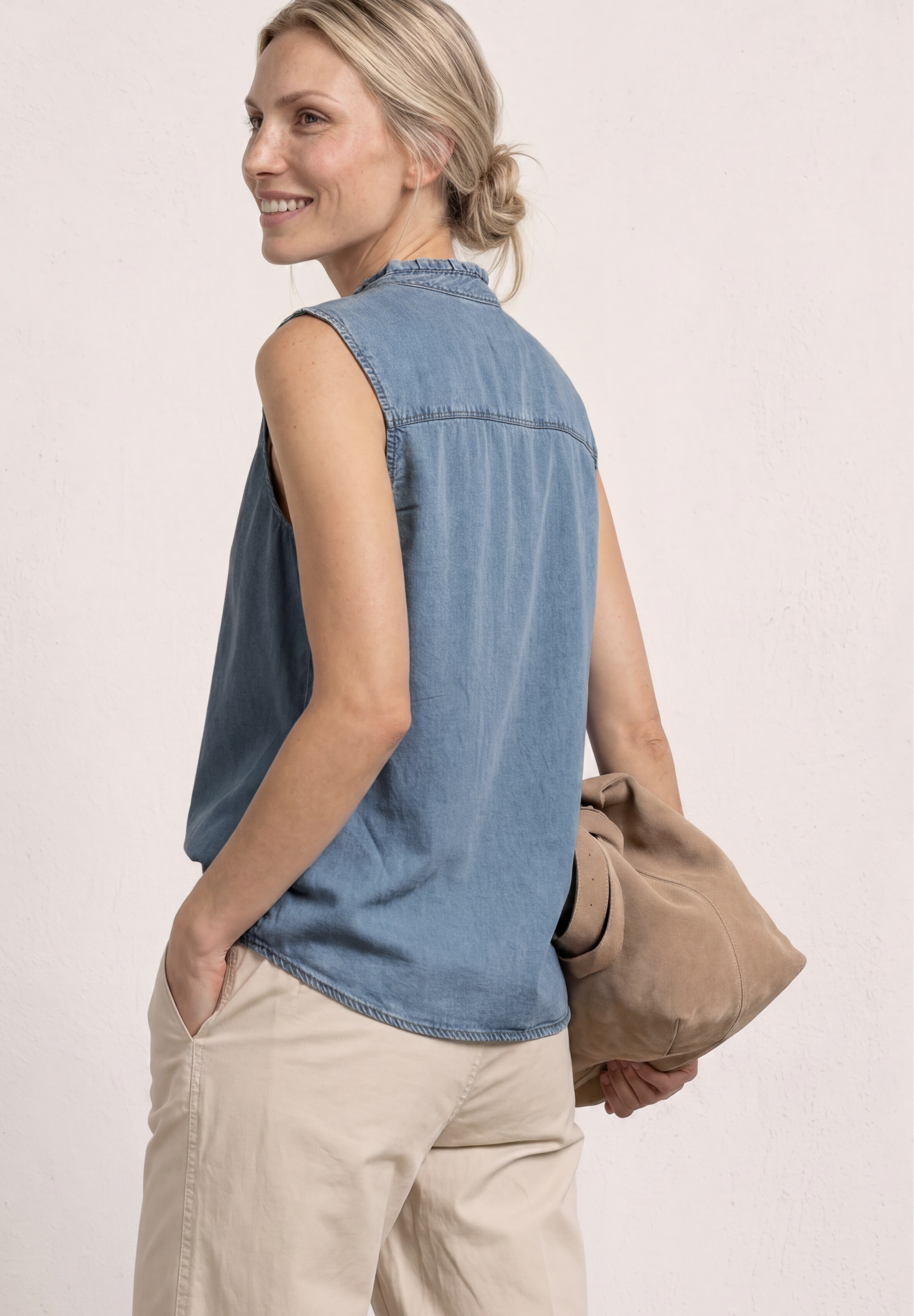 STREET ONE Blusentop Sommertop mit Rüschen im Denim-Look